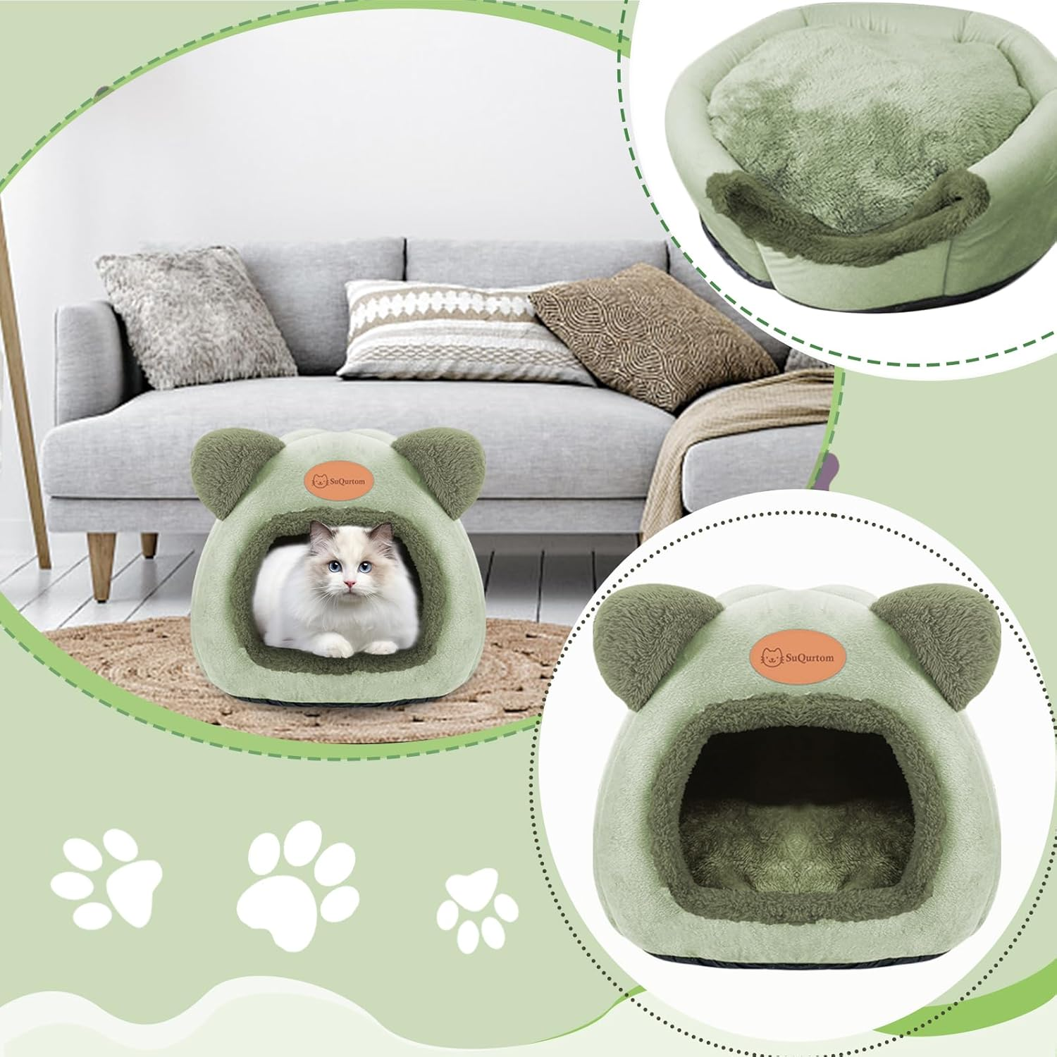 Cat Cave Cat Bed Washable Cat House Pet Bed Soft Comfort Tent Cat Litter Bed Warm Cat Cave Soothing Bed for Cats and Small Dogs Sleeping (Green) image number 6