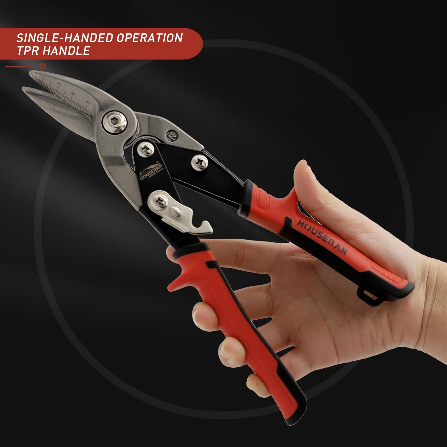 HOUSERAN 10 Inch Tin Snips, Right Cut Offset Aviation Snips, Heavy Duty CR-V Metal Cutter with Double Lever, Scale Markings & Safety Lock, Tinner Shears Scissors for Cutting Metal Sheet - Jy003 image number 6