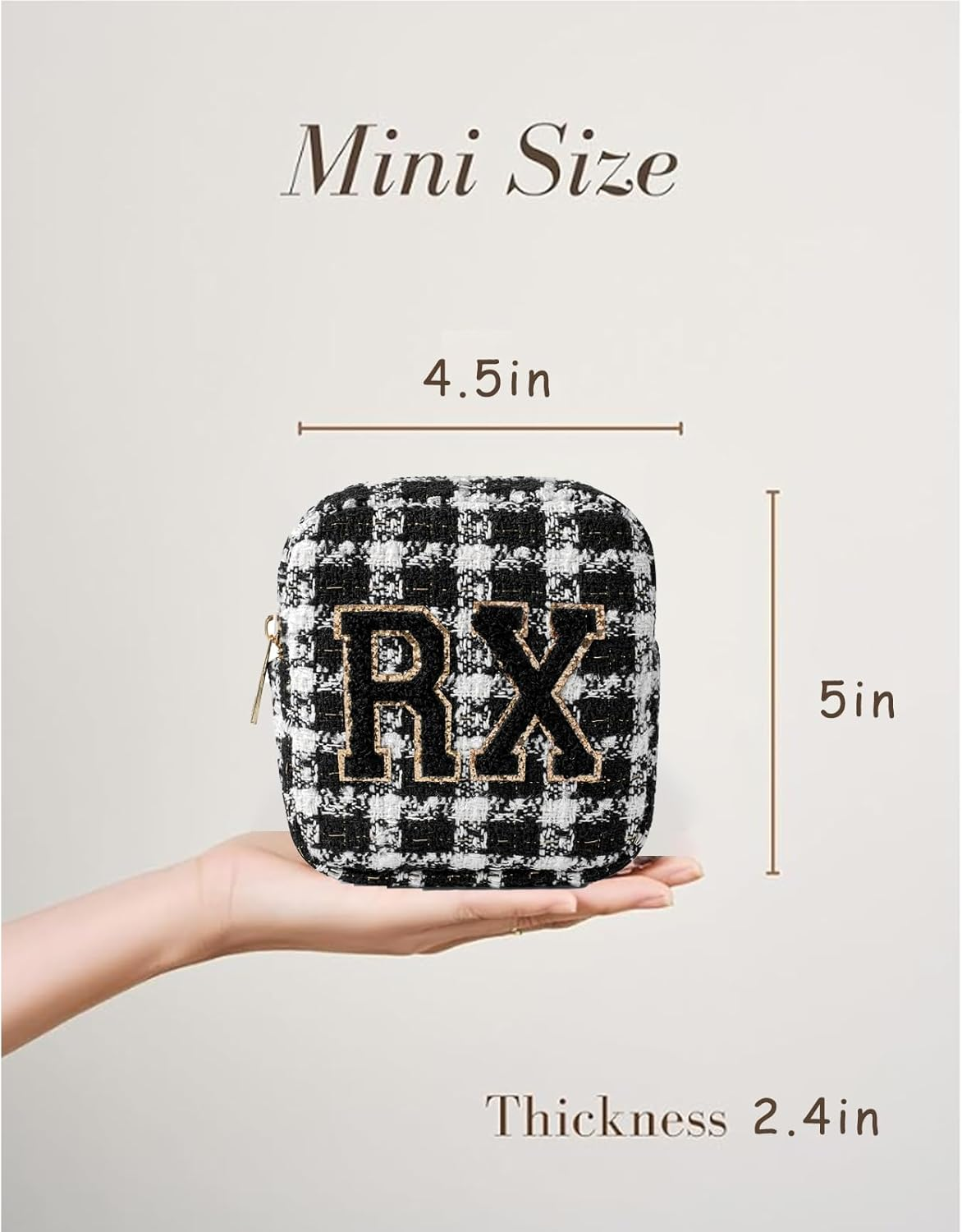 DDPOND Small Medicine Bag for Travel, Personalized RX Chenille Letters Checkered Pouch for Women and Girls, Cute Meds Drug Makeup Bags with Zipper (01Beige Checkered) image number 3