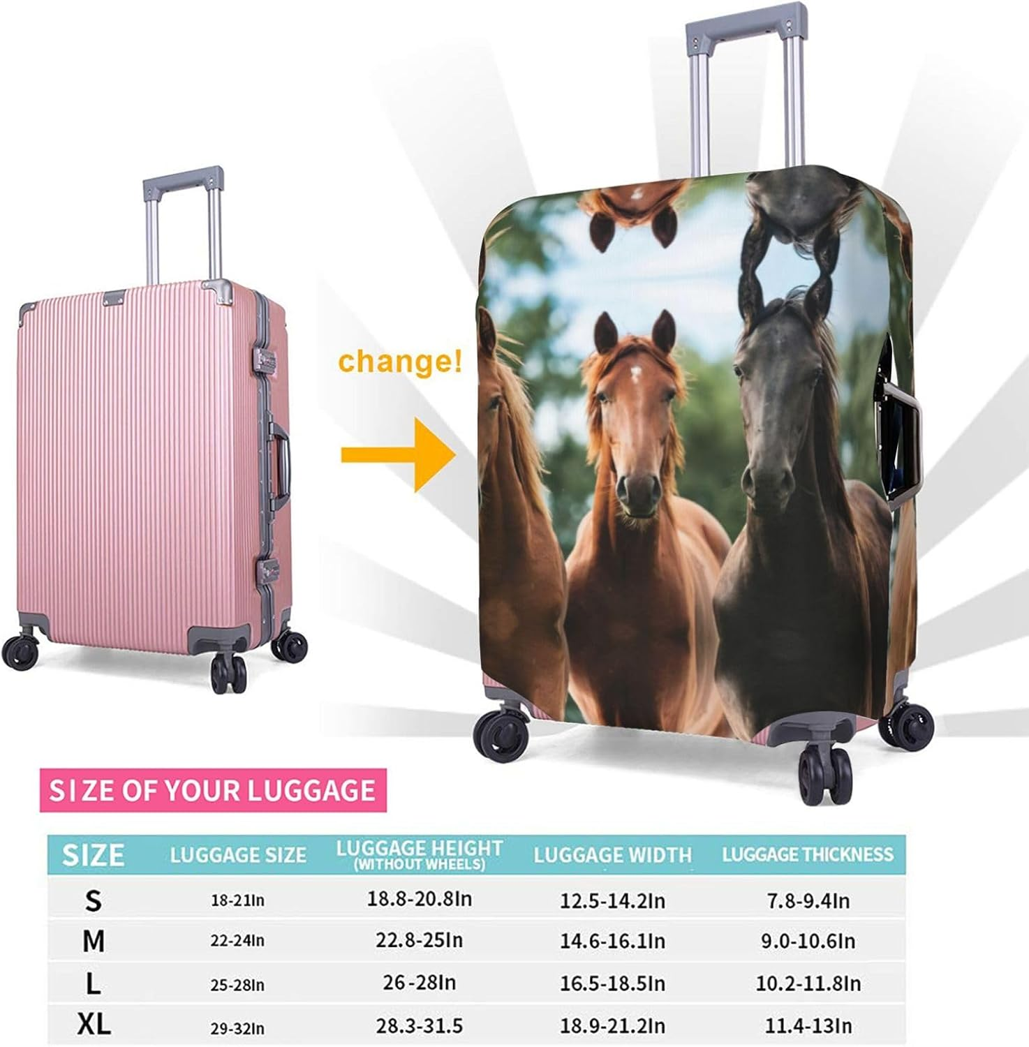 Odddot Animales Horses Print Travel Luggage Cover,Suitcase Protector Cover, Washable Baggage Covers,For 18-32 Inch Luggage, Animales Horses, Medium image number 6