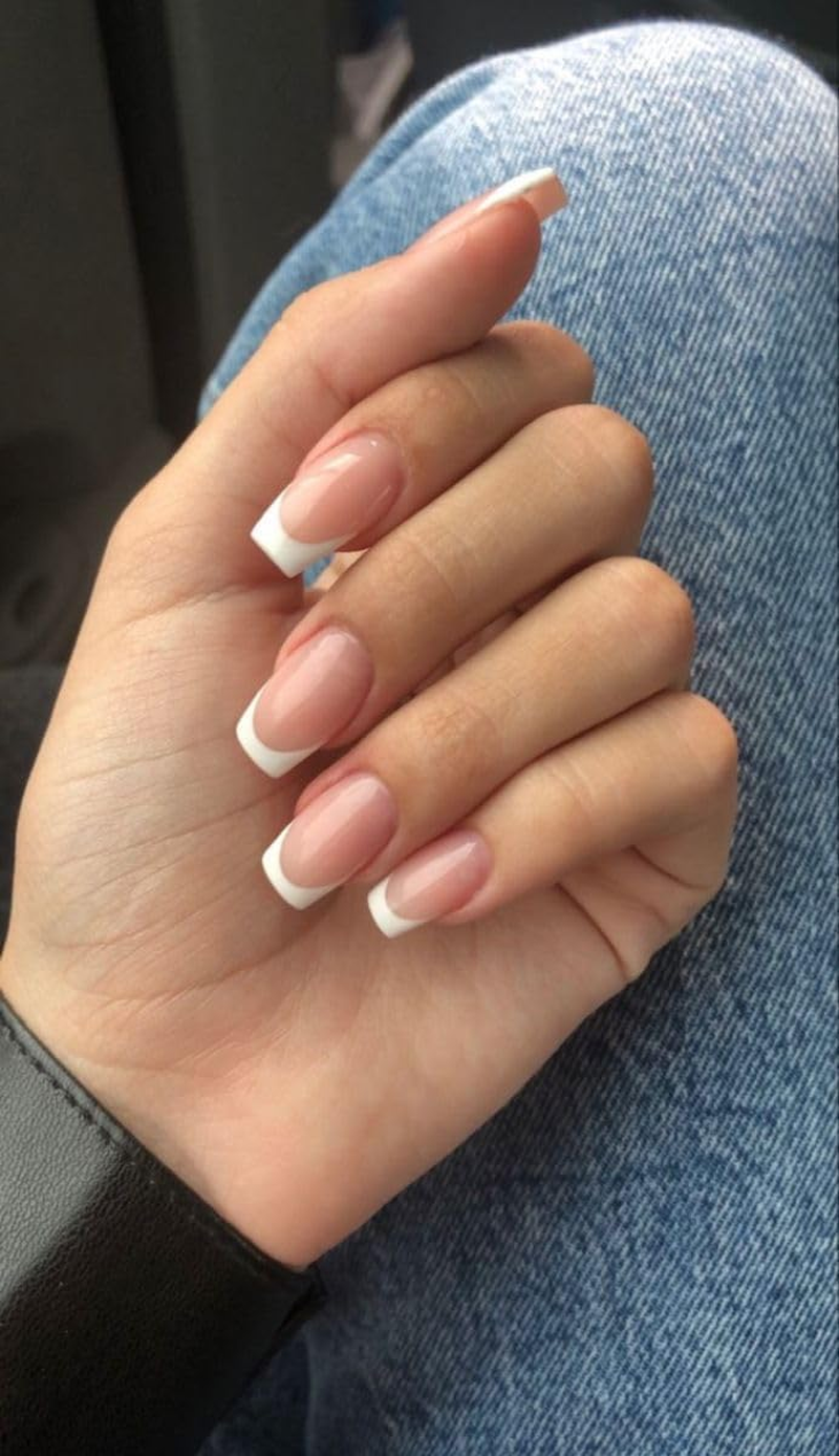 Mouyouglow Press on Nails Short, Square Nude White French Fake Nails with Nail Glue, Natural White Tip Artificial Fingernails image number 6