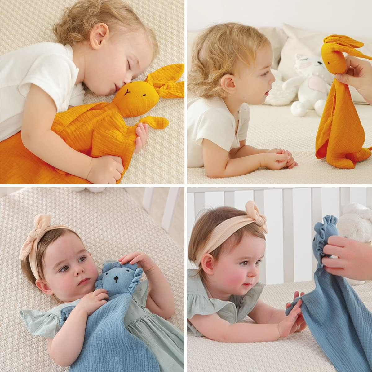 Bunny Lovey Blanket for Boys and Girls, Organic Cotton Muslin Security Blanket for Babies, Soft Breathable Lovie Soothing Towel for Newborn and Infant, 2 Pcs Set image number 3