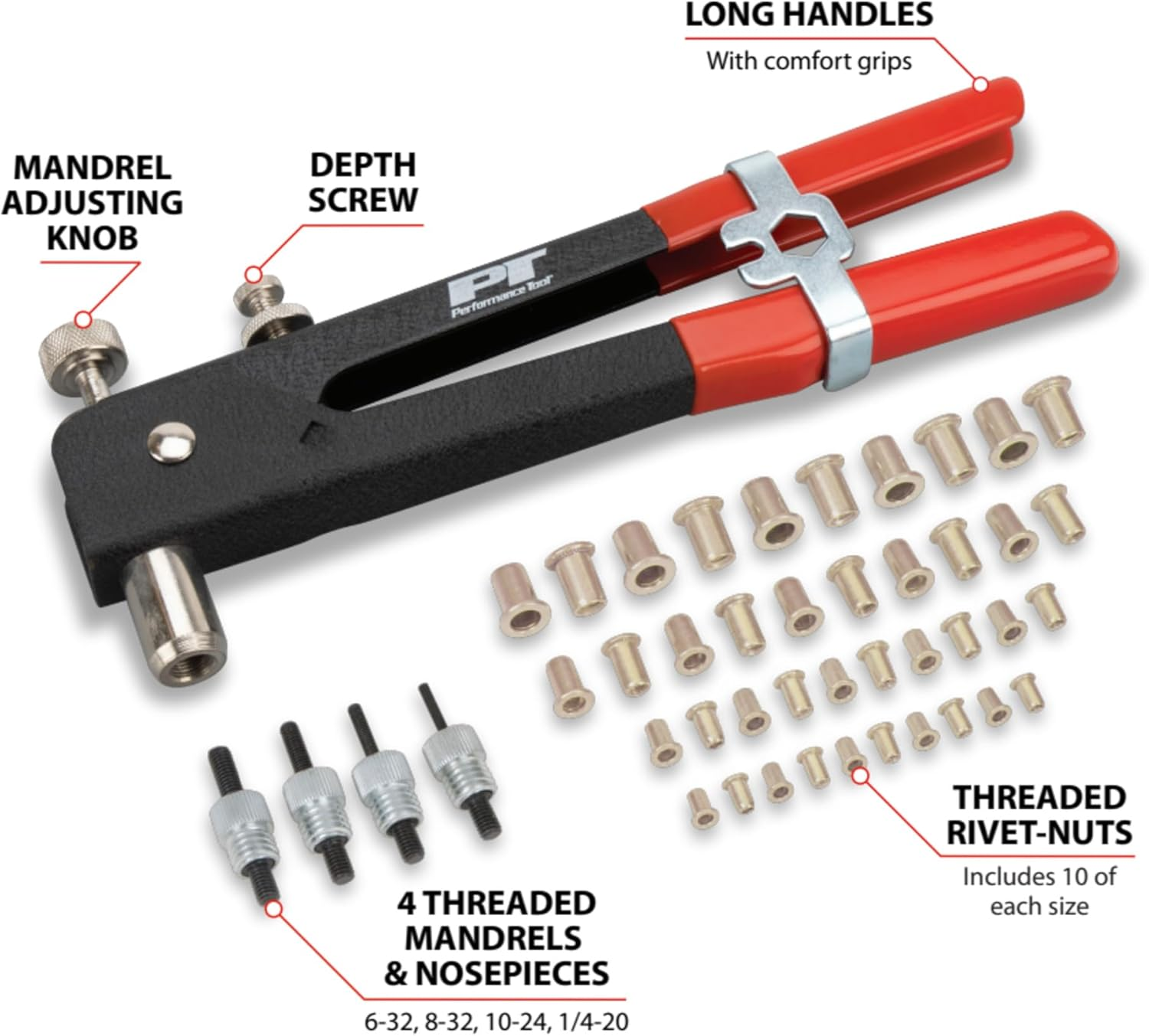Performance Tool W2006 SAE Rivet Nut Kit Set, Riveter Tool, Rivet Nut Gun, Thread Hand Riveter, Rivet Gun, Riveting Tools with 45Pc, Metric Rivet Nuts Included -/32, 8-32, 10-24, 1/4-20 image number 5