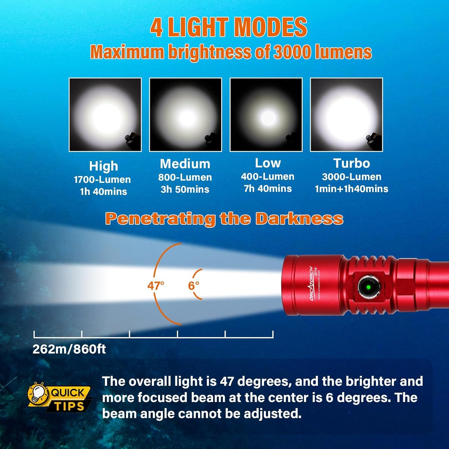 ORCATORCH D710 Scuba Diving Light, 3000 Lumens Super Bright Underwater Flashlight with 6 Degrees Narrow Beam, IP68 Waterproof Night Dive Torch 150 Meters Submersible Light (Red) image number 5