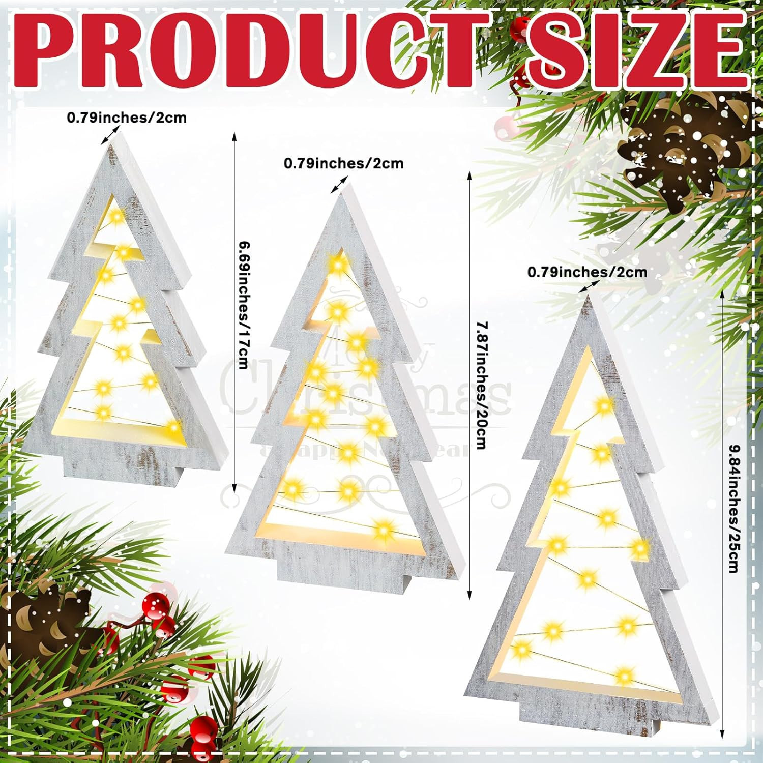 3 Pcs LED Wooden Christmas Tree Tabletop Decoration Rustic Xmas Tree Table Centerpieces with Light Farmhouse Standing Christmas Tree Christmas Tiered Tray Decor for Fireplace Home Party image number 3