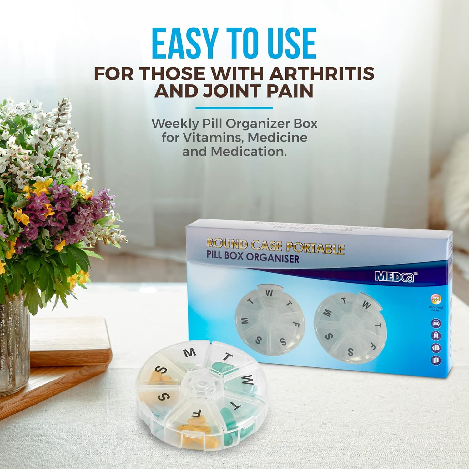Weekly Pill Organizer - Pack of 2 - Large round Travel Medication Reminder Daily Monday to Sunday Compartments, 7 Days image number 1
