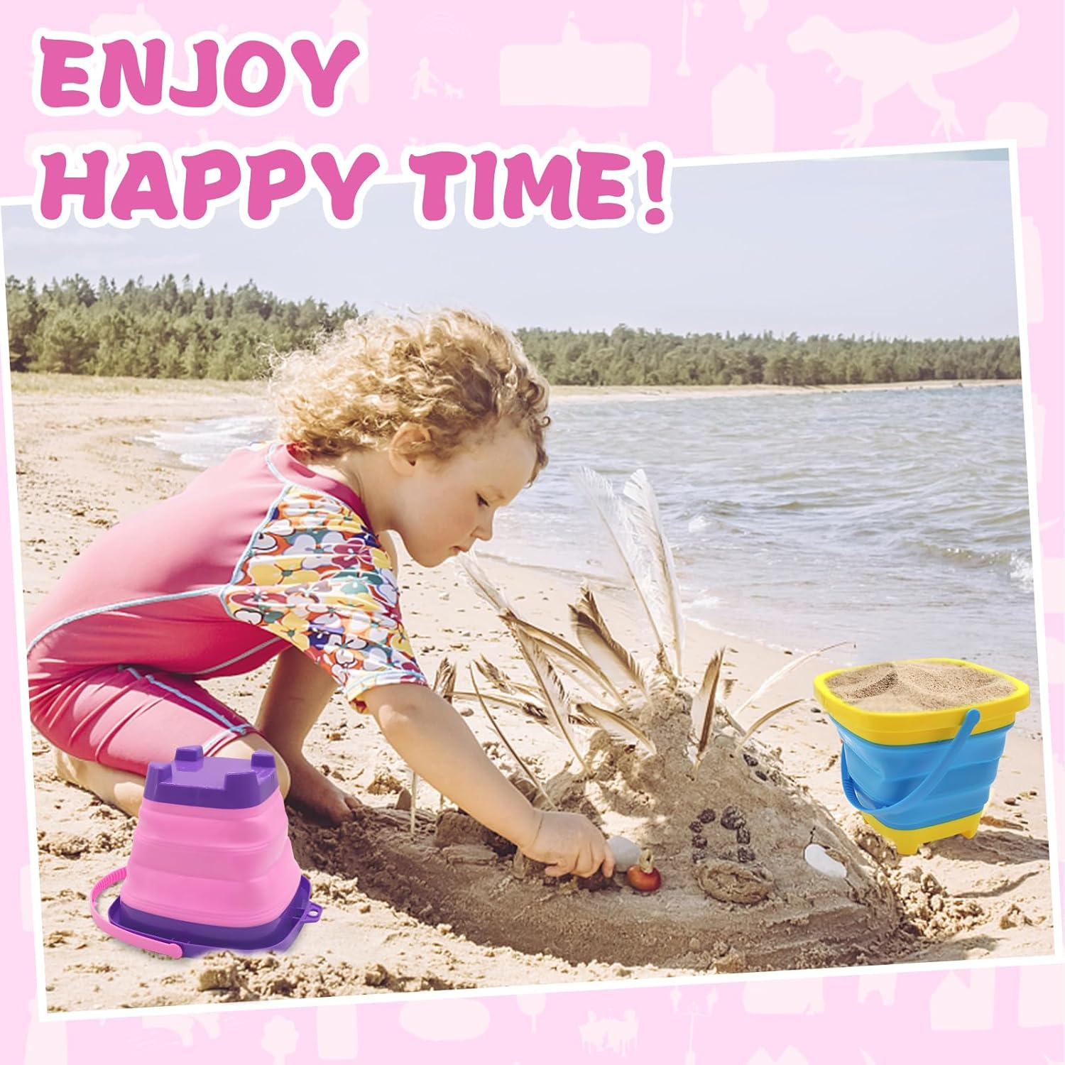 2Pcs Foldable Beach Play Sand Pails, Collapsible Buckets with Handle for Kids, Outdoor Summer Beach Camping (Pink-Purple+Blue-Yellow)