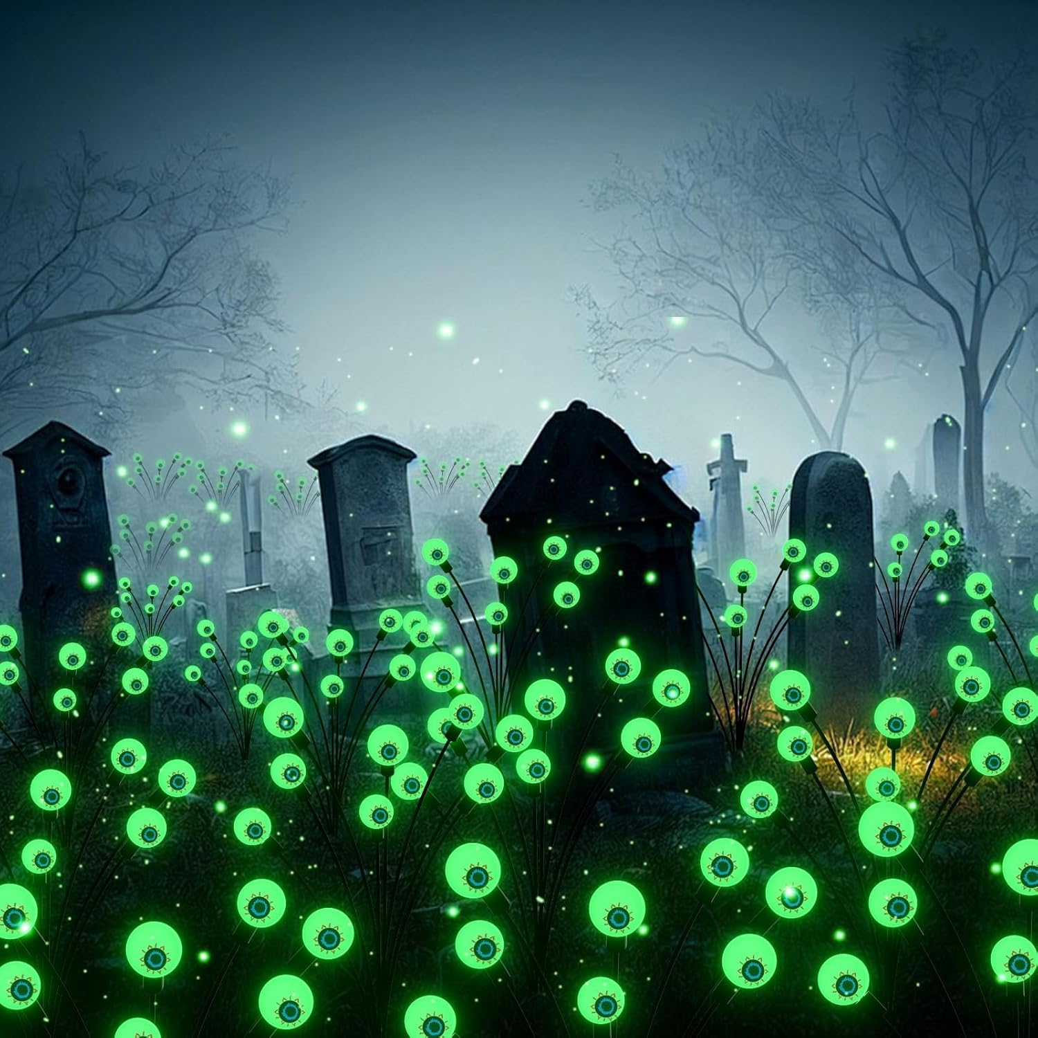 Augshy Halloween Decorations Outdoor, 2 Pack 16LED Solar Eyeball Pathway Lights, Scary Waterproof Solar Green Firefly Lights for Garden Lawn Yard Decor image number 3
