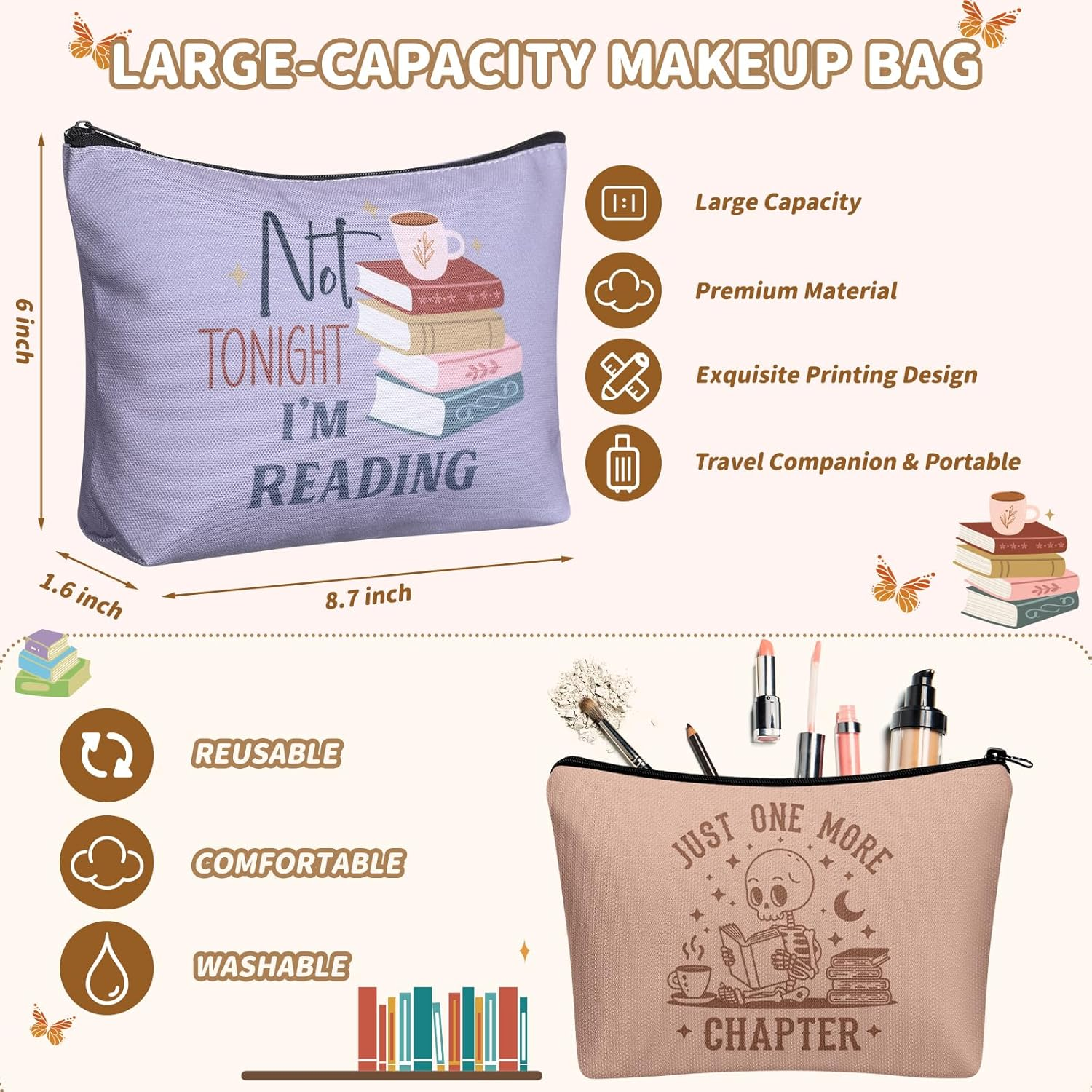 Cosblank 24 Pack Book Lovers Gifts Book Themed Makeup Bags Bulk Cosmetic Pouches Gifts for Reader Librarian Women Christmas Literary Lovers Favors image number 4