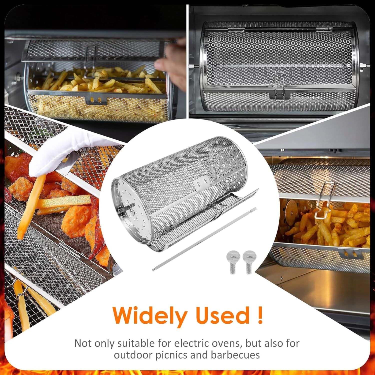 Stainless Steel Rotating Grill Basket, 360 Degree Rotation BBQ Grill Cage for Vegetable Fries Fish Shrimp, Dishwasher Safe Rolling Grilling Basket for Outdoor BBQ (Style3) image number 3