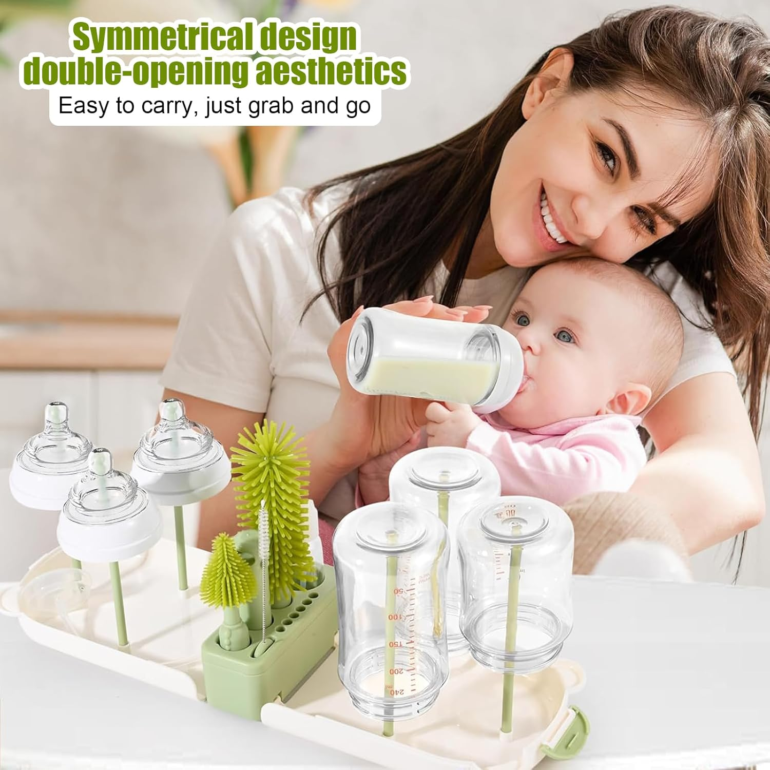 6-In-1 Portable Baby Bottle Brush Set with Case, Bottle Cleaner Kit with Drying Rack, Bottle Brush, Nipple Brush, Straw Brush, Soap Dispenser, Aby Travel Essentials for Mums & Dads (Green) image number 2