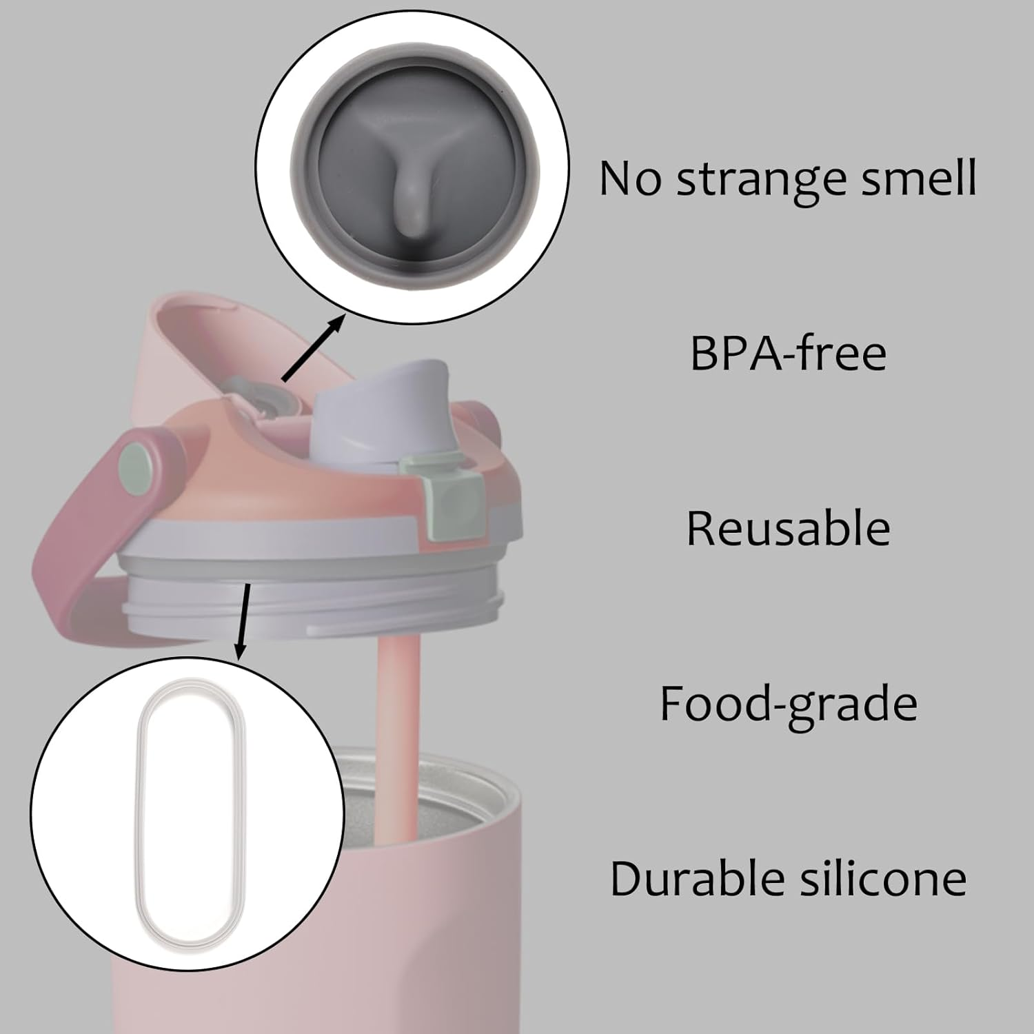 Leak-Proof Stoppers and Gaskets Set, 2Pcs Stoppers for Owala Freesip Sway 30Oz 40Oz and 2Pcs Gaskets for Owala Freesip Sway/Tumbler 40Oz Grey Silicone Sports Water Bottle Accessories image number 6