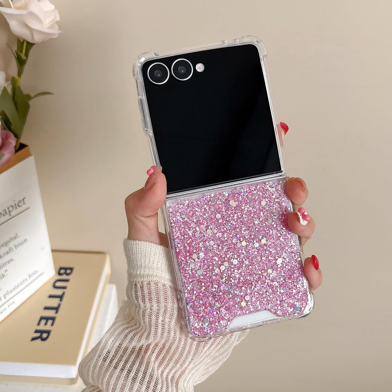 UEEBAI Case for Samsung Galaxy Z Flip 4 5G, Pretty Bling Glitter Case for Women Cute Shiny Sparkle Phone Case for Girls Bling Stars Cover Four Corner Shockproof Slim Fit Flip Case - Purple