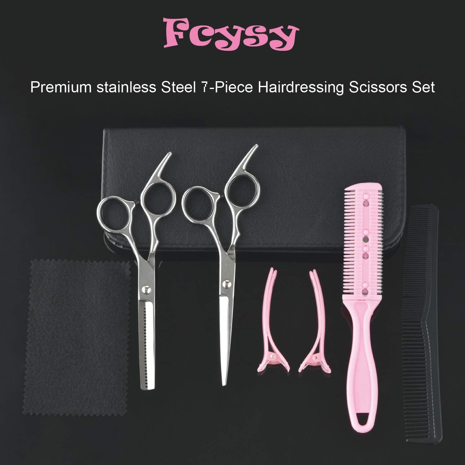 Hair Cutting Scissors Thinning Shears- Fcysy Professional Barber Sharp Hair Scissors Hairdressing Shears Kit with Haircut Accessories in Leather Case for Cutting Styling Hair for Women Men Pet- 7 Pcs - Cherry image number 6