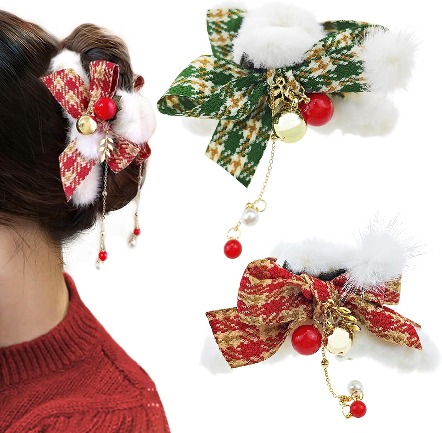 2 PACK Plush Hair Claw Clips with Tassels, Xmas Plaid Bows Hairpins Nonslip Claw Clip with Bells for Women Christmas Hair Claws image number 4