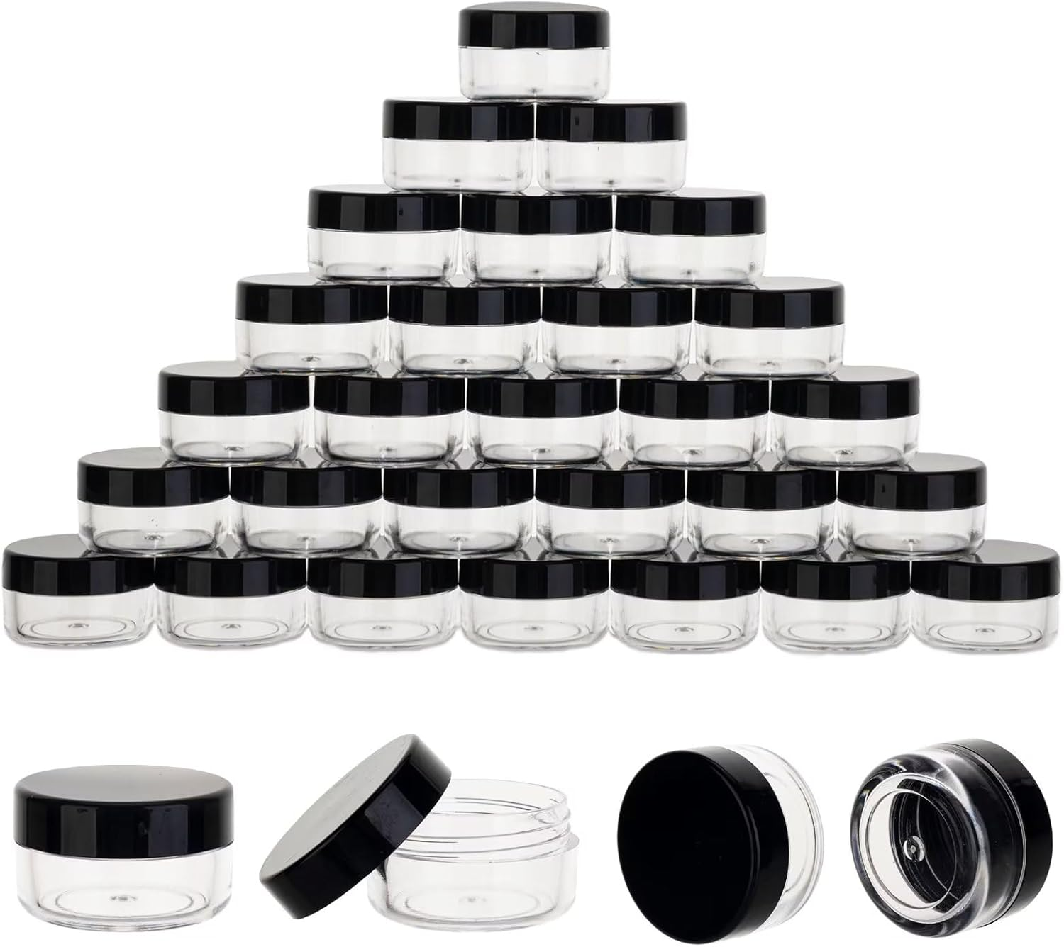 50 Count 5 Gram Sample Containers, Clear Lip Balm Containers with Lids, Small Plastic Sample Jars with 4 Mini Spoons, 50Pcs Labels (Black Lid)