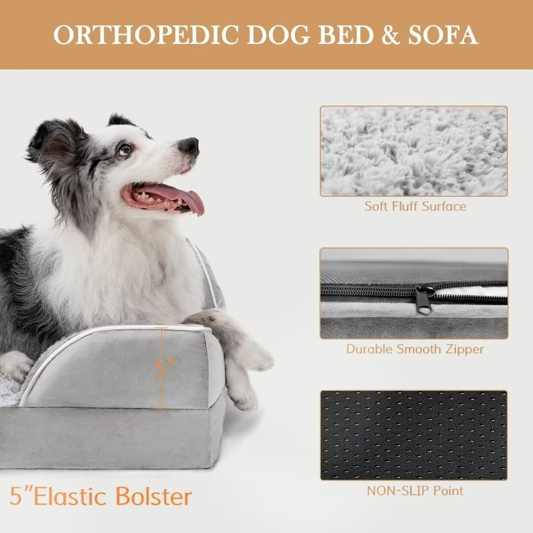 Comfort Expression Dog Bed for Extra Large Dogs, Waterproof Orthopedic Bed, Breed Durable PV Washable Sofa White, with Removable Cover Zipper, Jumbo-45''X35'' image number 2