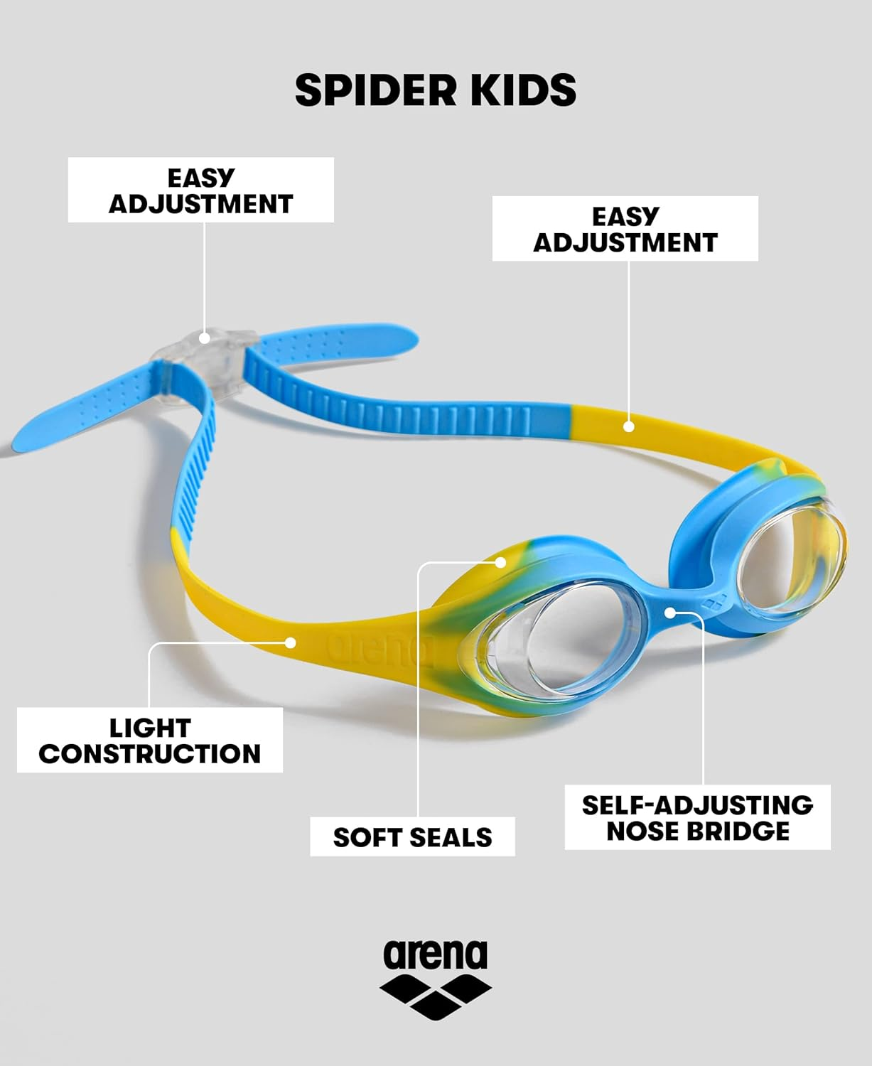 ARENA Spider Kids Goggles, for Children Age 2-5, Unisex Design with Soft Hypoallergenic Silicone Seals, Adjustable Strap, Anti-Fog & UV Protection image number 3