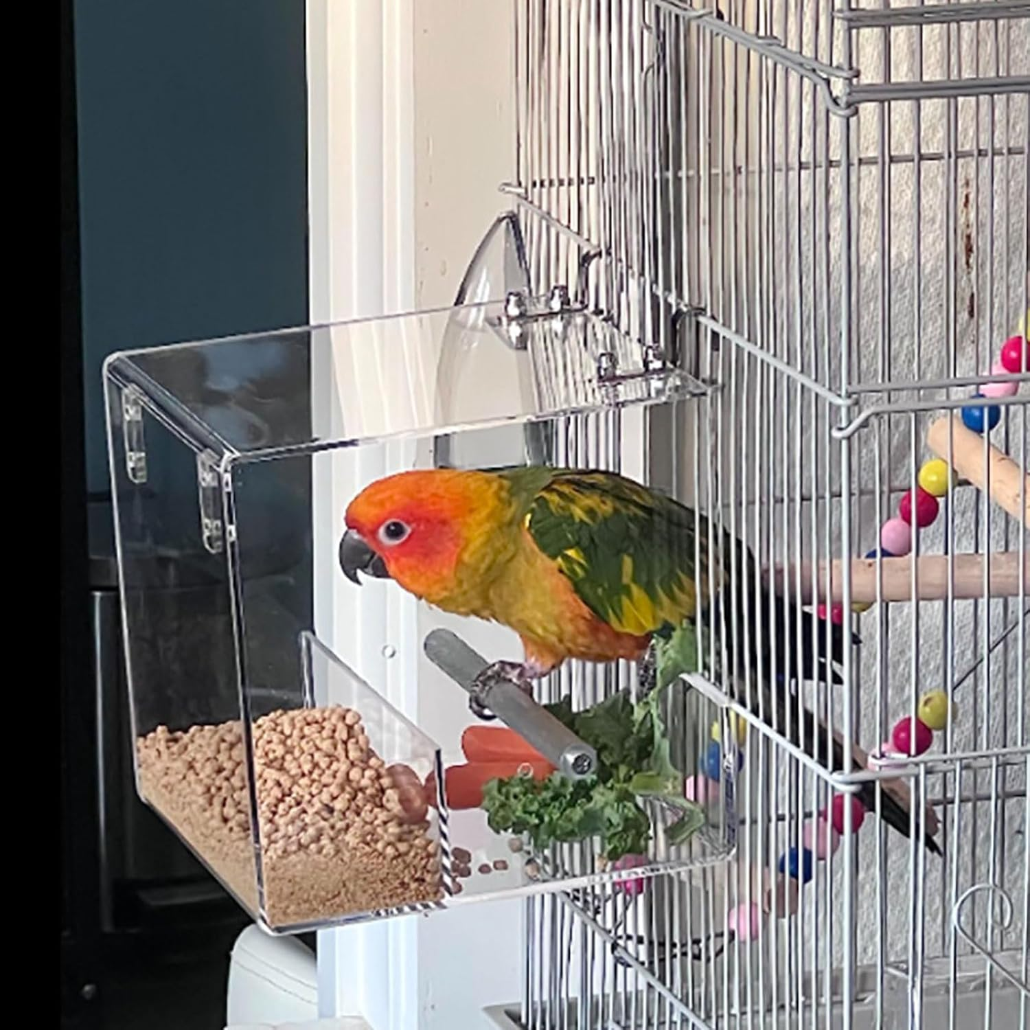 Automatic Parrot Feeder No Mess Bird Cage Seed Feeding Container Box Acrylic Automatic Bird Feeder Bird Cage with Stainless Steel Hooks for Small Birds like Parakeet,Canary,Cockatiel,Parrot 21X21X21Cm image number 5