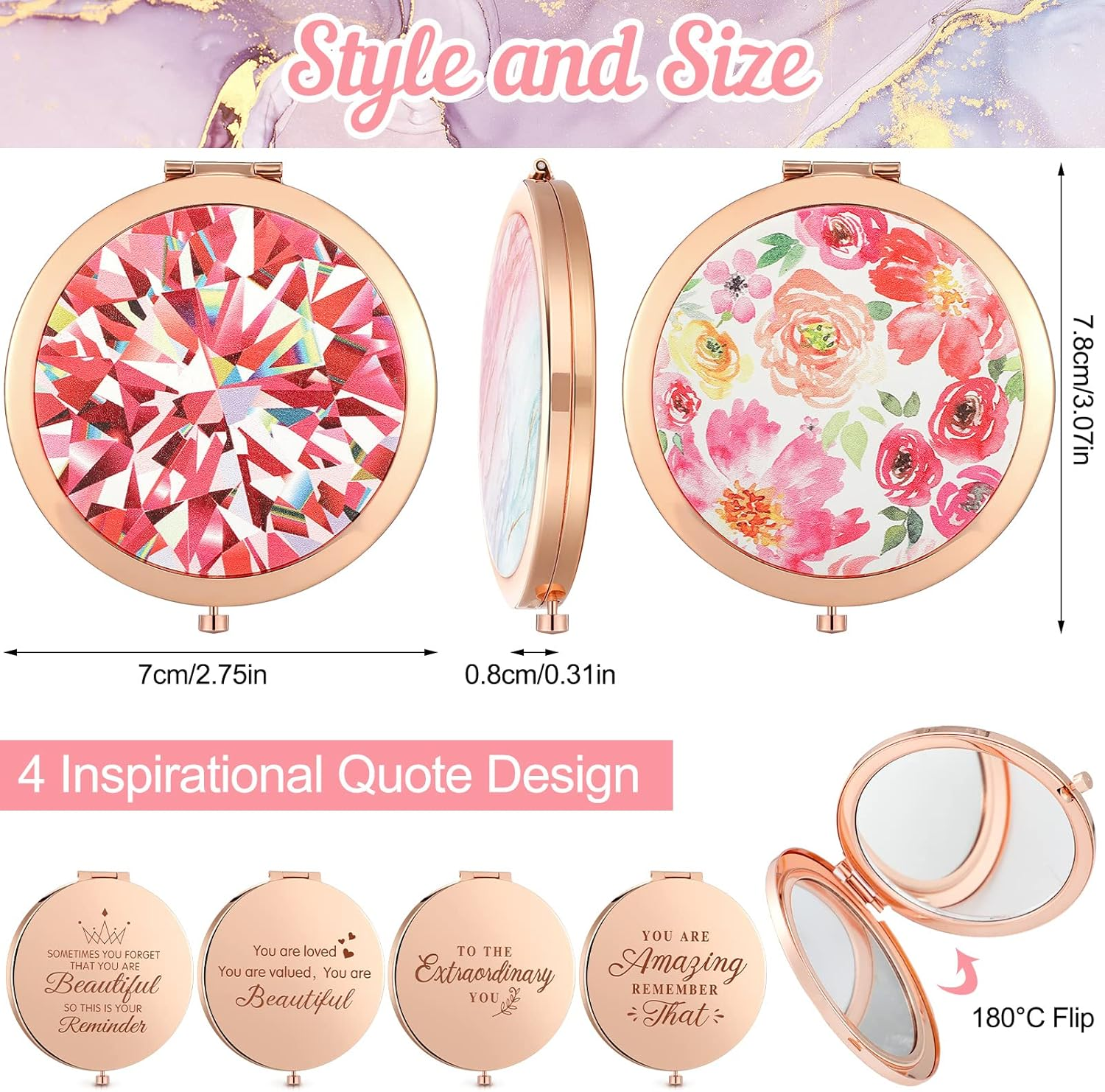 Chunful 4 Pcs Floral Pocket Mirror for Women Bulk Rhinestone Rose Gold Compact Mirror Vintage Engraved Pocket Makeup Double Sided with 1X/2X Magnifying for Bridesmaid Wedding Gifts image number 3