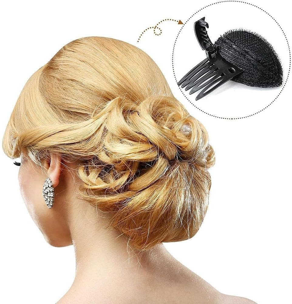 1Pc Black Puff Hair Cushion with Clips, Fluffy Sponge Bun Comb Bump It up Hair Base Set for Women and Girls DIY Hairstyling Tools, Hair Accessories image number 3