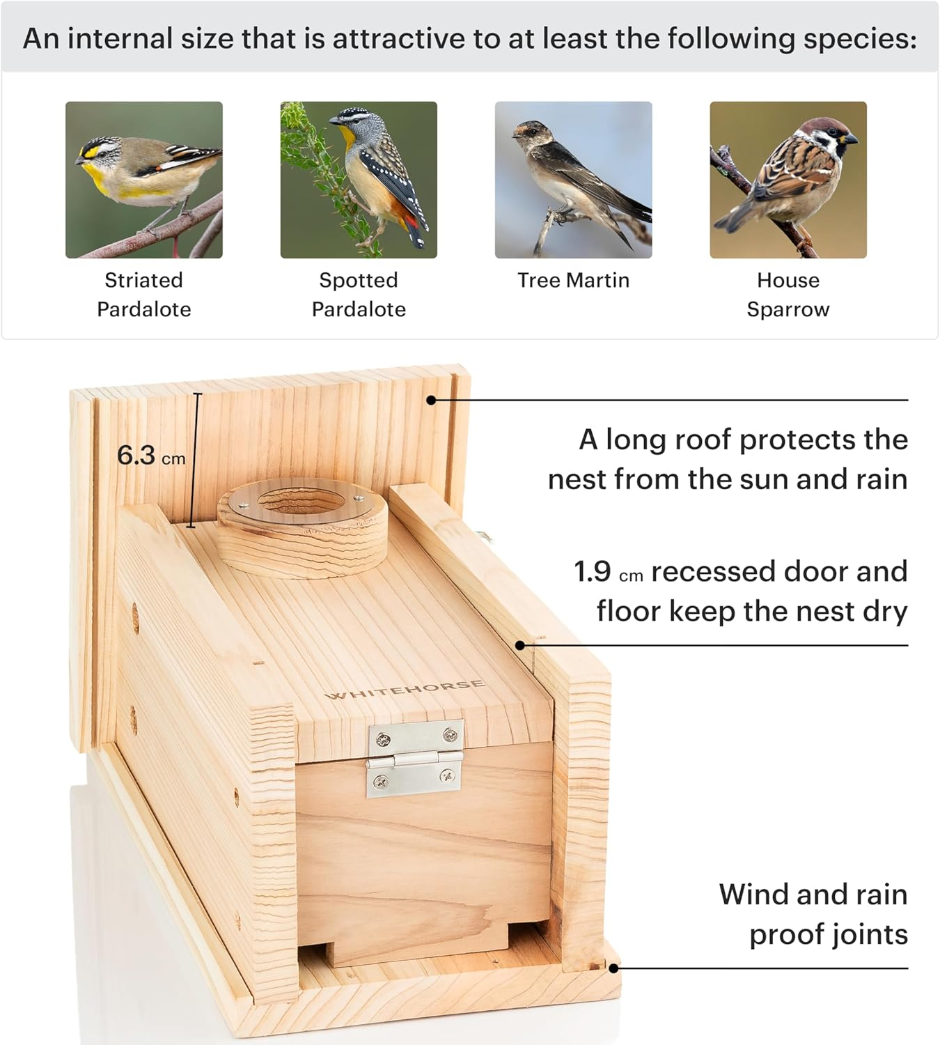 WHITEHORSE Premium Bird House - a Bird Box Built to Certification Specs - Nestbox for Various Australian Species - Weatherproof Bird Houses for Outdoors image number 1