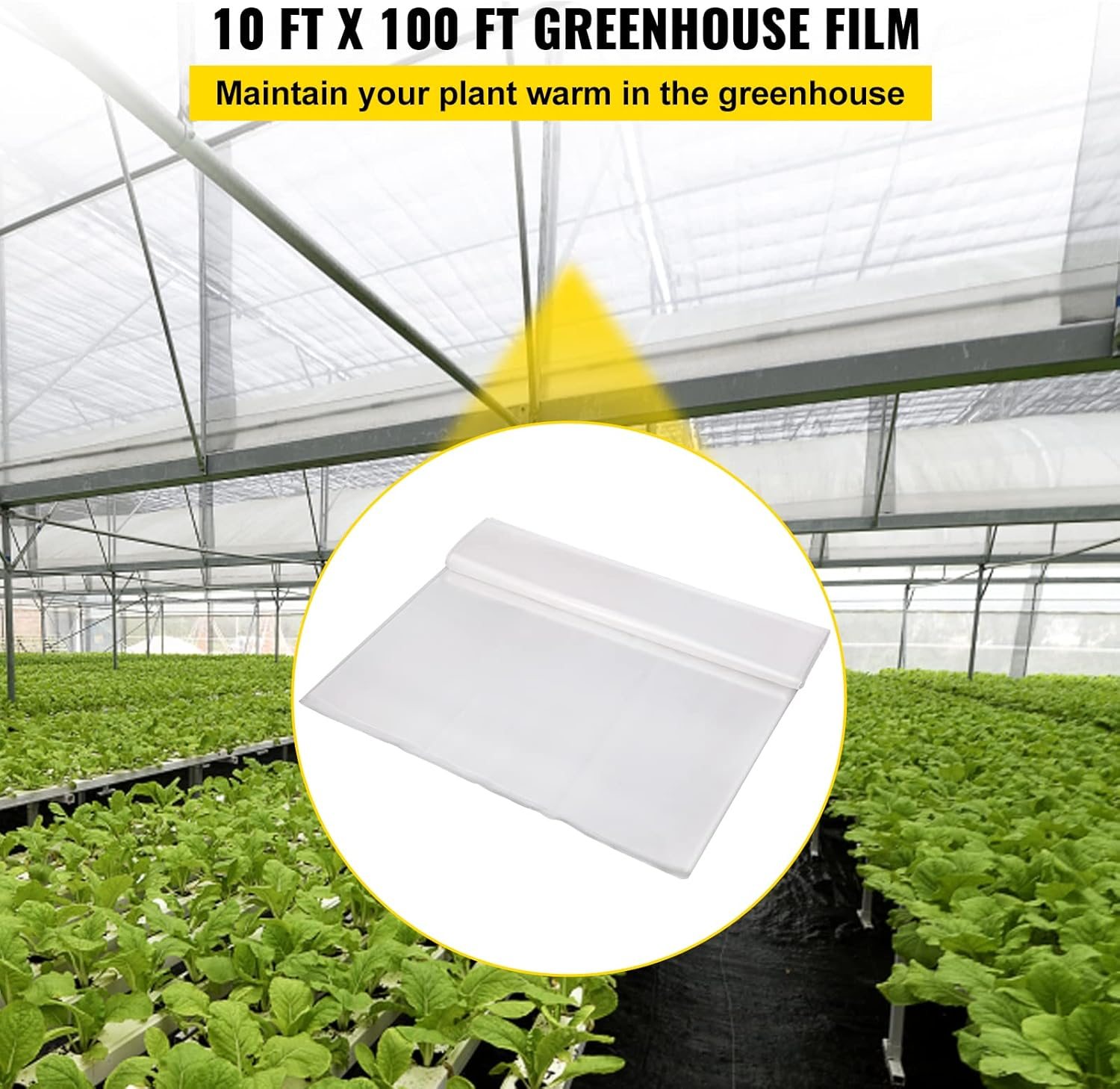 VEVOR 10' X 100' Greenhouse Plastic Sheeting, 6 Mil Thickness, UV Proof, 4 Year Clear Polyethylene Cover, Farm Plastic Supply for Gardening, Farming and Agriculture image number 6
