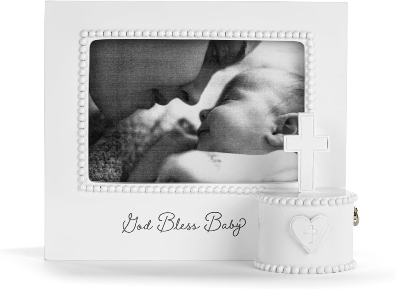 DEMDACO Musical Frames Collection God Bless Baby White Beaded 8 X 7 Resin Keepsake Baby Picture Frame with Cross & Trinket Box &ndash; Christening, Newborn, or Memorial Gift, Holds 4X6 Photo image number 2