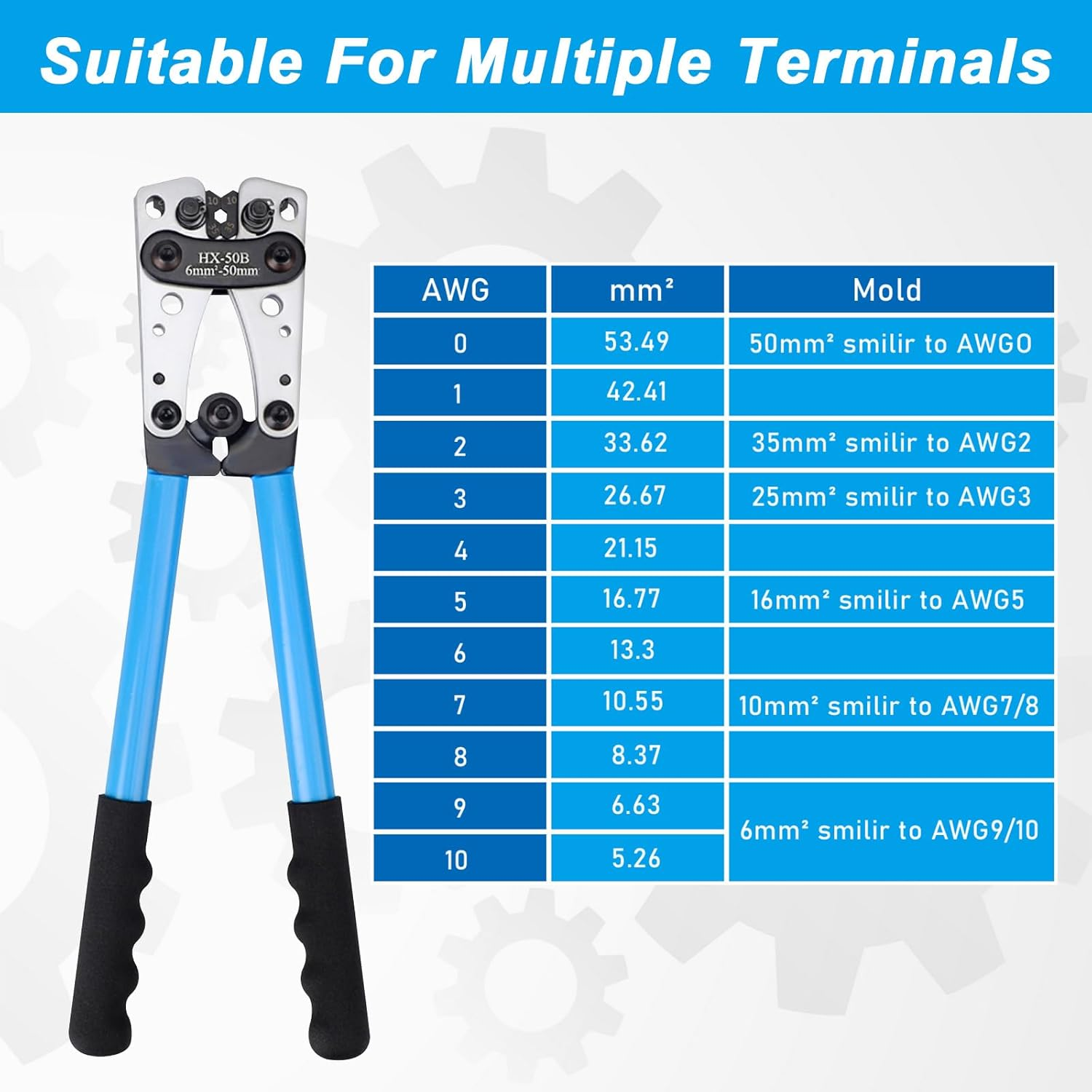 Pearyaest Battery Cable Lug Crimping Tool,For Heavy Duty Wire Lugs,Crimping Pliers for Battery Terminal 6-50Mm&sup2;,Wire Crimper for AWG 10-1/0 Electrical Lug,Awg Wire Cable Cutting and Crimping image number 6