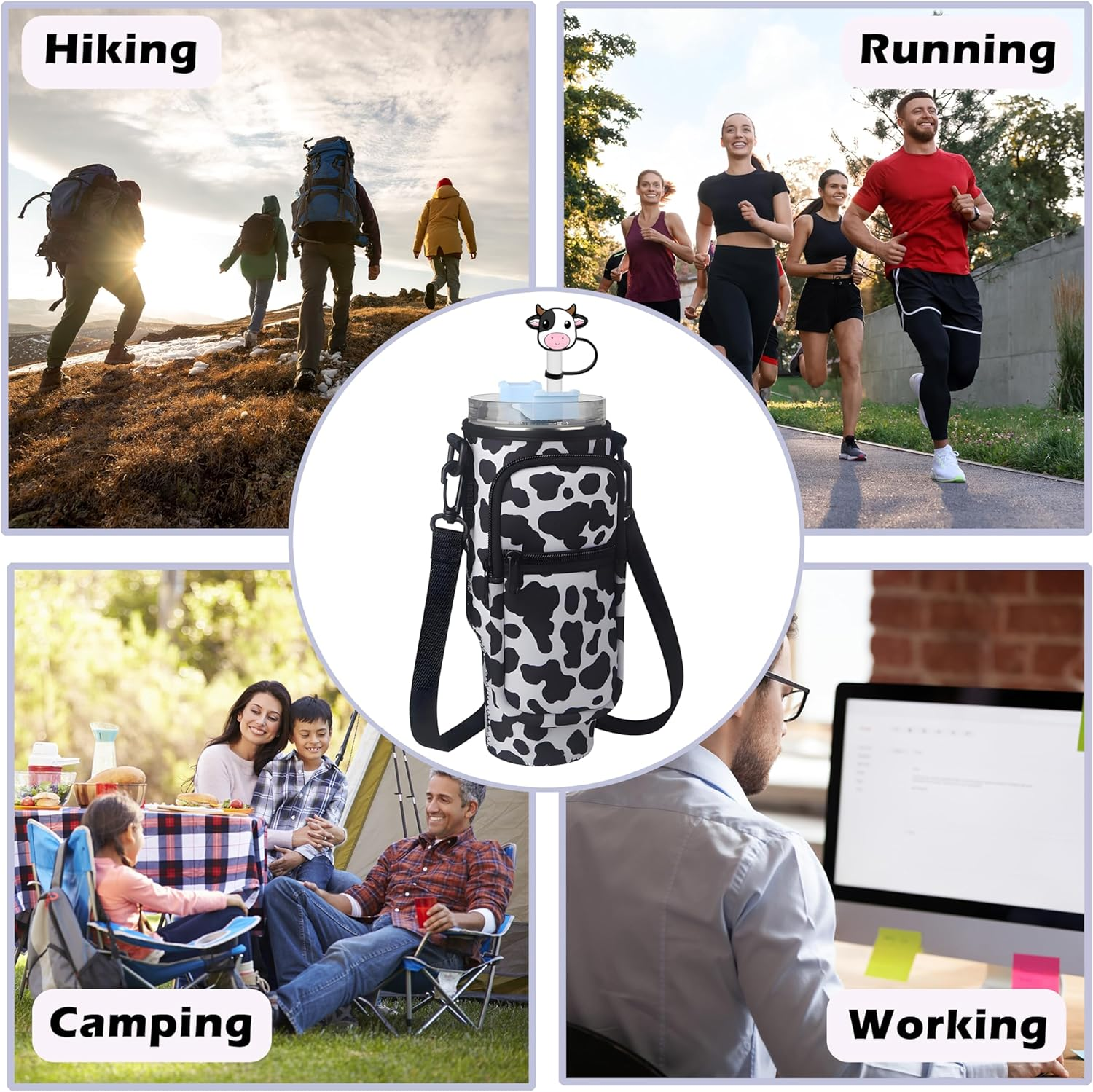 Cute Water Bottle Holder Bag Stanley Cup Bag, Cow Print Water Bottle Pouch with Adjustable Shoulder Strap, Stanley Cup Holder with 2Pcs Cow Straw Covers for Hiking, Camping, Fishing image number 1