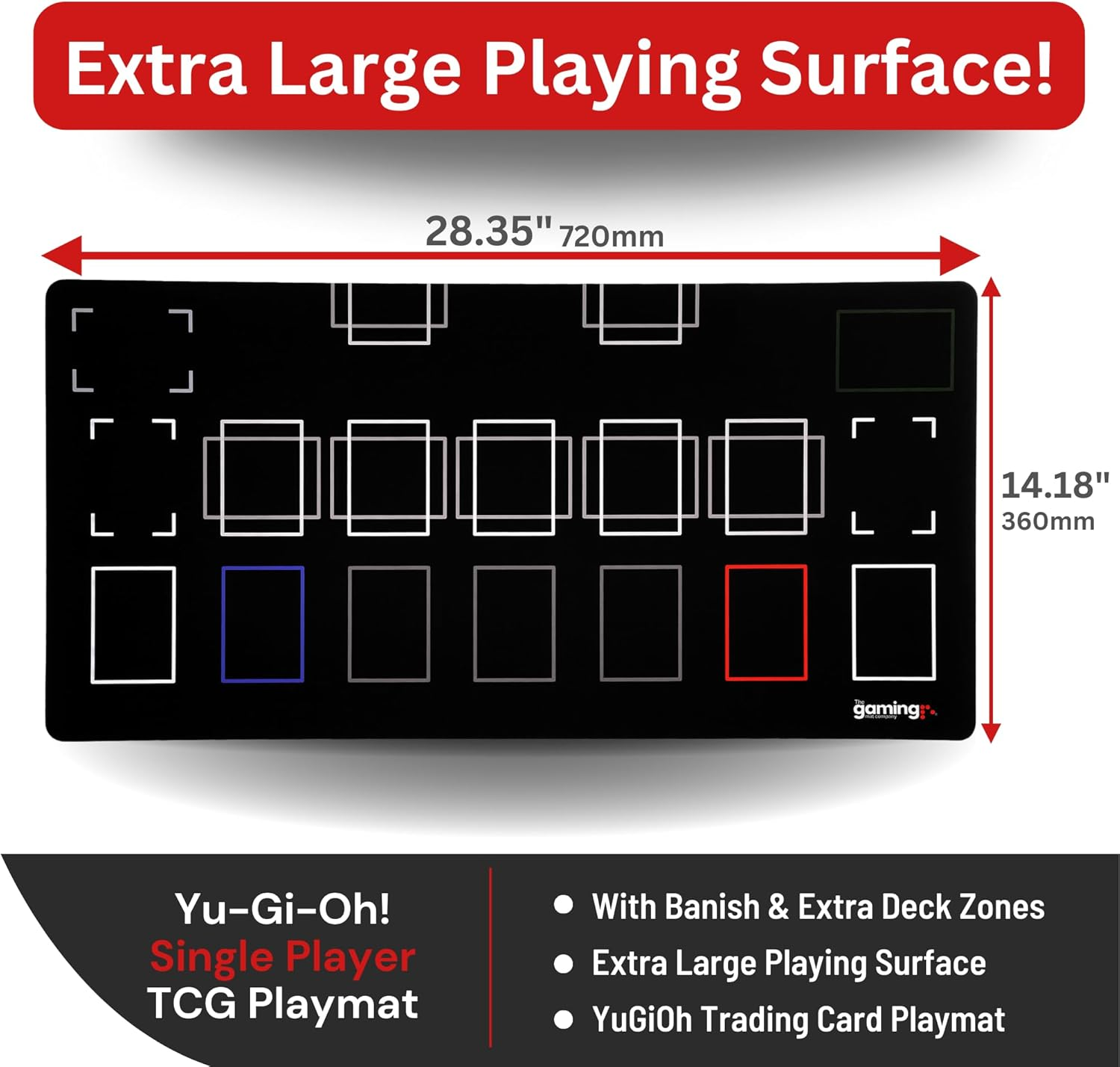 The Gaming Mat Company Single Player Playmat for Yu-Gi-Oh! 28.3" X 14.1" with Deluxe Red Rubber Base - Compatible with Yu-Gi-Oh! TCG Cards - Extra Deck and Banish Zones- Waterproof YGH Card Game Board image number 1