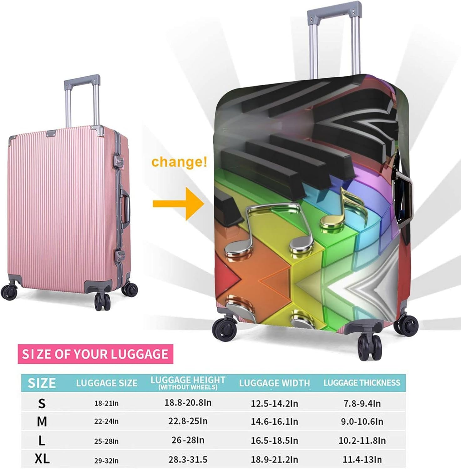 Piano Key Luggage Cover Washable Suitcase Protector Anti-Scratch Suitcase Cover Fits 18-32 Inch Luggage image number 4