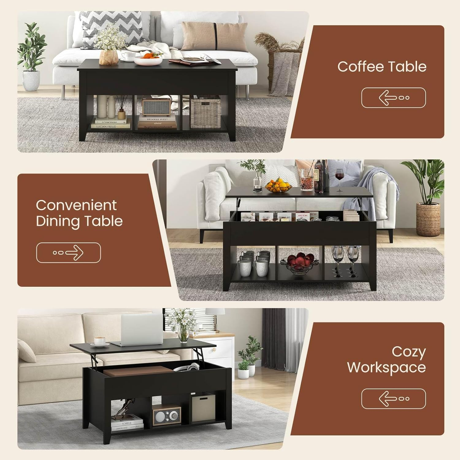 Giantex Lift up Coffee Table, Rising Center Table with Lift Top, Hidden Compartment & 3 Cubes, Modern Dining Accent Table Furniture for Living Room & Reception Room, Black