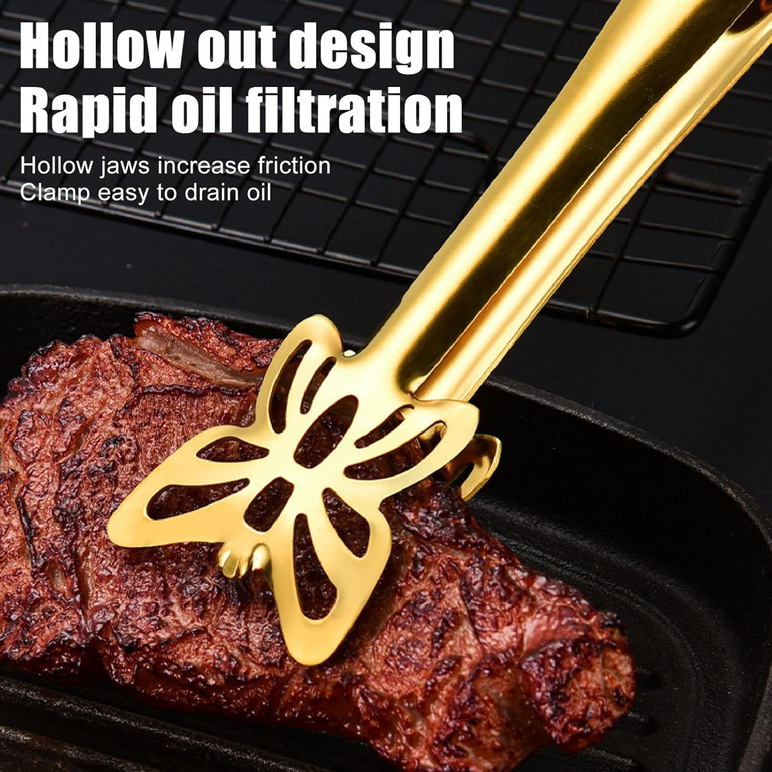 Tongs for Cooking, Food Grade Stainless Steel Kitchen Tongs 2 Styles Thickened Hollow Buffet Tongs Heavy Duty Food Tongs Multipurpose Serving Utensils Tongs for BBQ Party Grilling (Butterfly Tongs Gold) image number 1