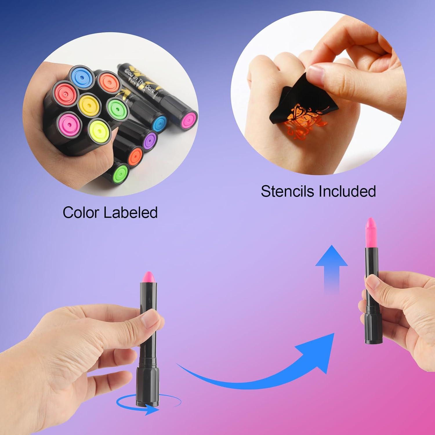 12 Color Glow Face Paint， Glow in the Dark Body Painting Kit under UV and Black Light Makeup Non-Toxic for Halloween Masquerades Easter Festivals Party Supplies