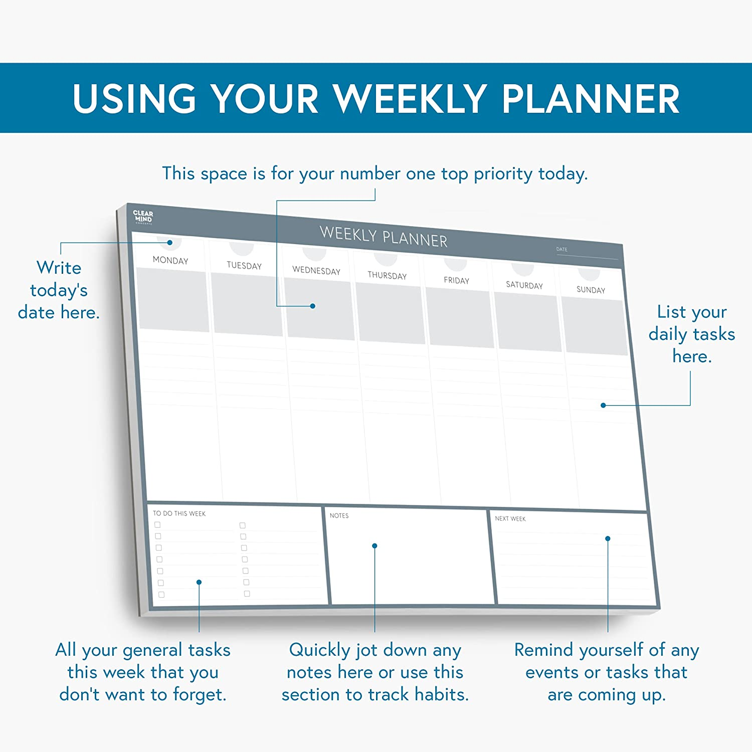 Weekly Planner Desk Pad by Clear Mind Concepts&reg; - 52 Undated A3 Tear-Off Sheets - 120Gsm Quality Paper - Boost Your Productivity & Organisation image number 4
