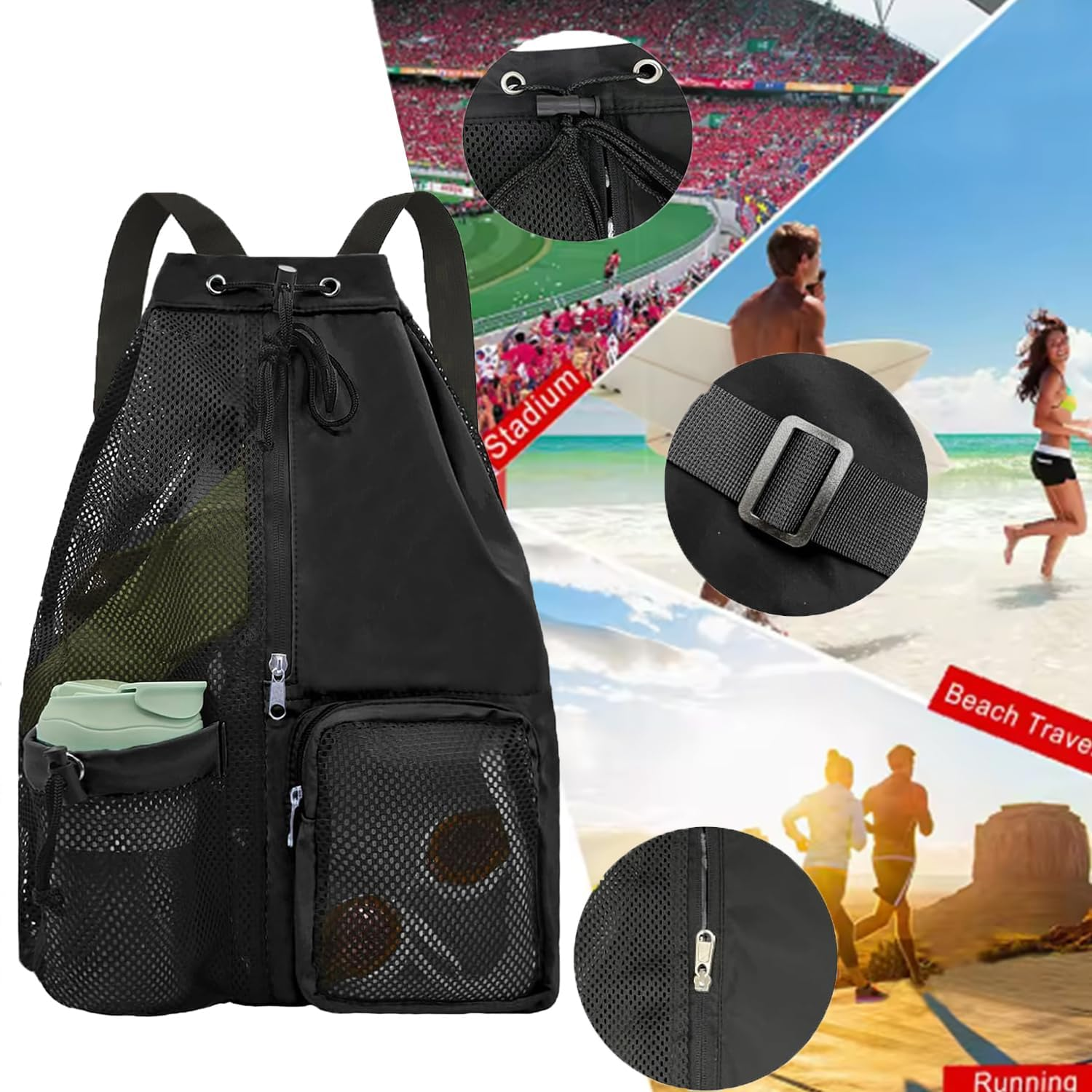 Roczential Mesh Drawstring Backpack - Lightweight Waterproof Beach and Pool Bag, Breathable Design, Large Capacity Swim Backpack for Kids and Adults, Ideal for Gym Trips and Summer Camps image number 1