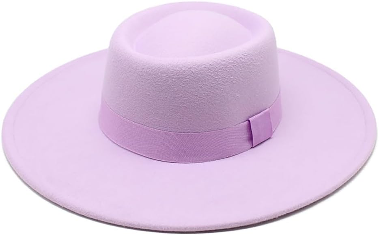 Purple Fedora Hat Fashion Jazz Hat Felt Fedora Hat Wide Brim Flat Top Wedding Dress Hat Elegant Pork Pie Hats for Women Men, Purple