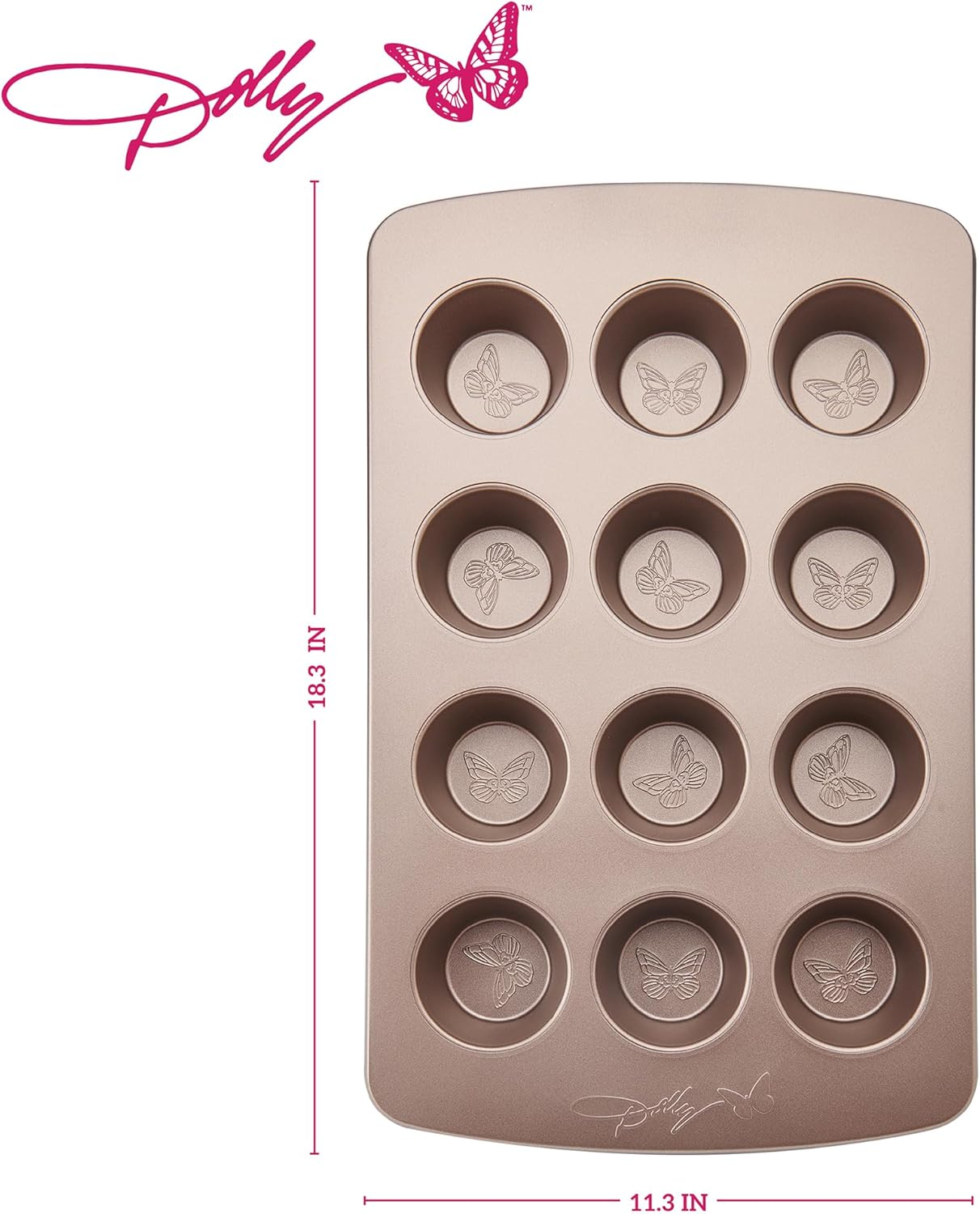 Dolly Parton Butterfly Stamp 12-Cup Muffin Pan &ndash; Carbon Steel Nonstick Bakeware with Textured Butterfly Design, Durable Rolled Rim, Oven Safe to 450F, Perfect for Muffins, Cupcakes and Mini Quiches