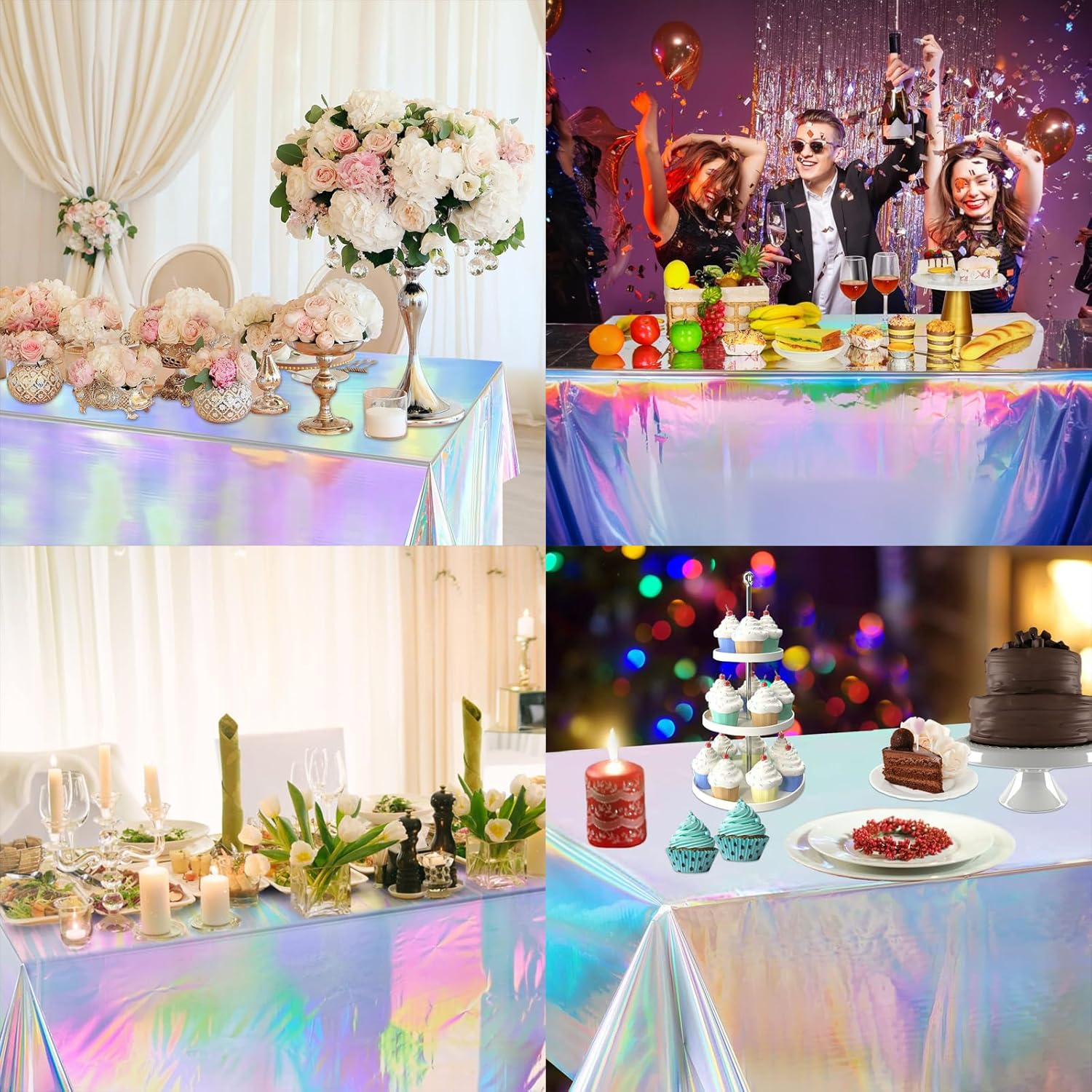 4 Pack Iridescent Tablecloths - Shiny Laser Rectangle Table Covers for Parties, Events, Birthdays, Weddings, and Celebrations - Holographic Foil Decoration image number 4