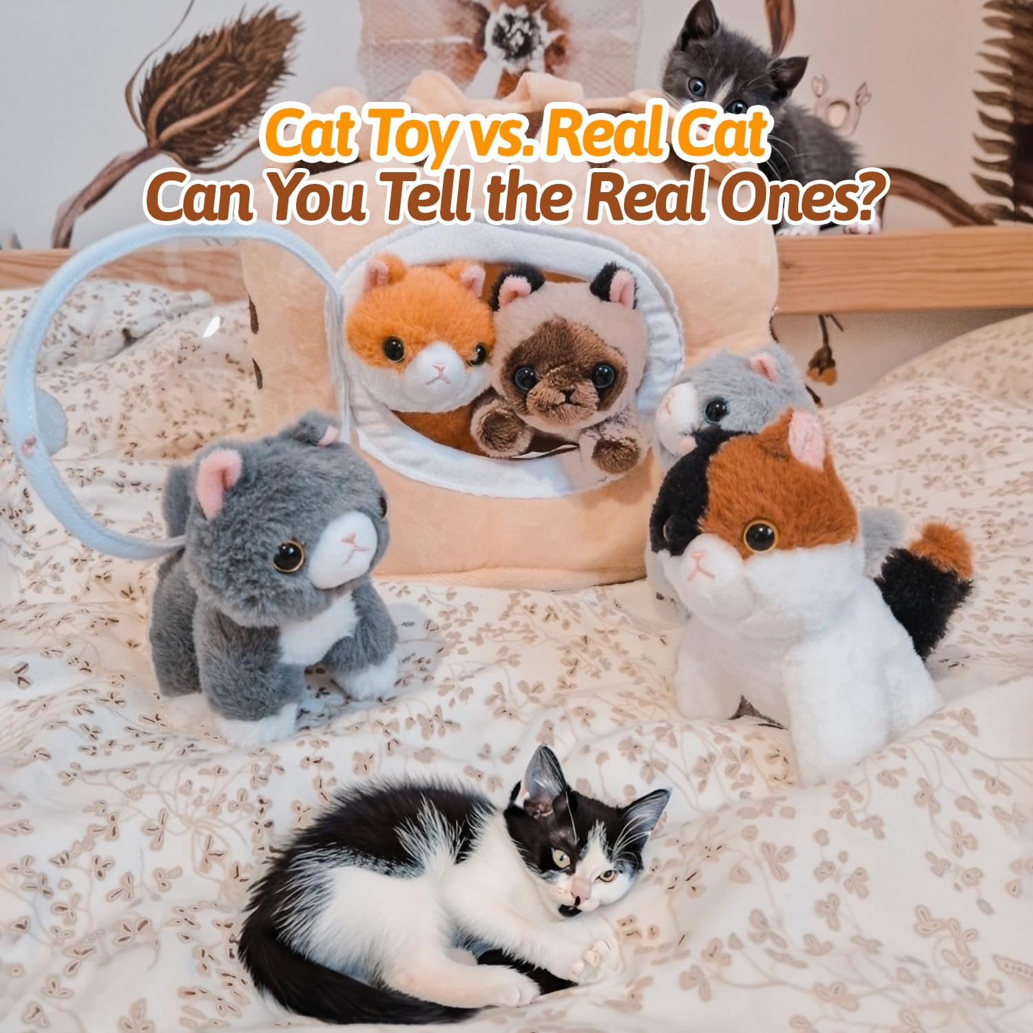 OUOZZZ Cat Stuffed Animal House &ndash; Plush Kitten Toy Set with 4 Soft Cats &ndash; Interactive & Travel-Friendly Playset for Toddlers & Kids &ndash; Huggable, Portable Birthday for Baby Girls