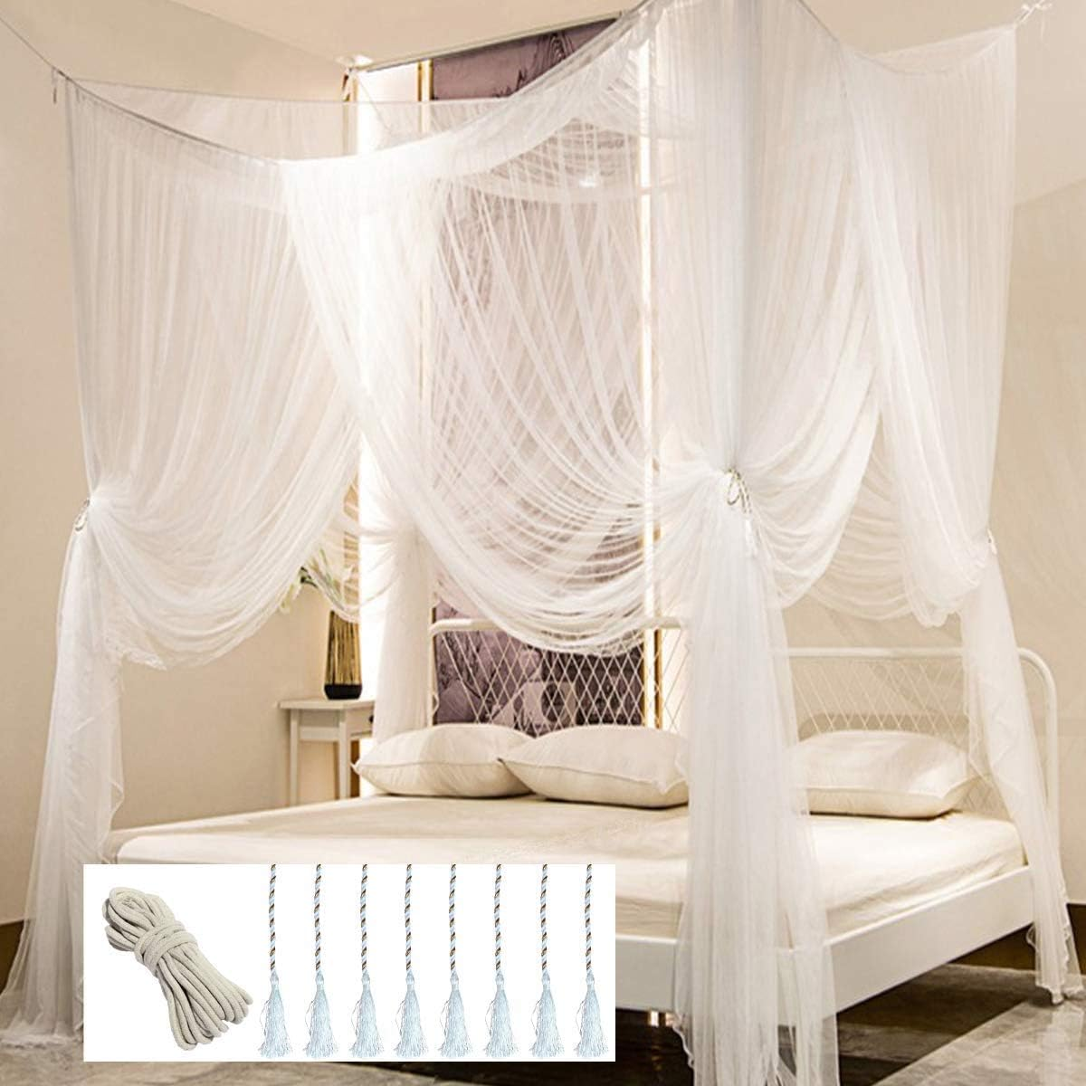 Mosquito Net for Bed Canopy, 4 Corner Post Curtains Bed Canopy Elegant Mosquito Net Set, Stick Hook &Profession Rope for Net, Screen Netting Canopy Curtains, Full/Queen/King (Black)