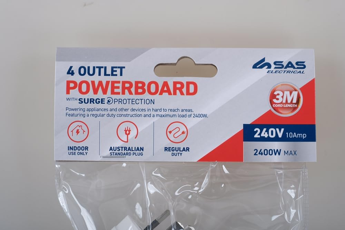 SAS Electrical 240V 10Amp 4 Outlets Power Board with Surge Protection, White, 3 Meter image number 1