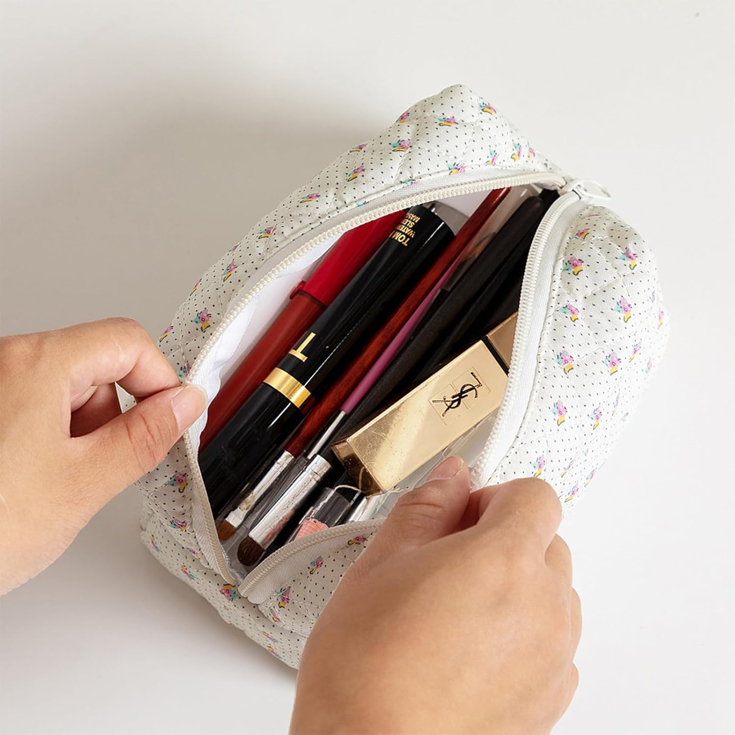 Quilted Makeup Bag, Cute Floral Cosmetic Bag for Women, Cotton Make up Bag, Flower Travel Toiletry Bag Organizer Floral-6