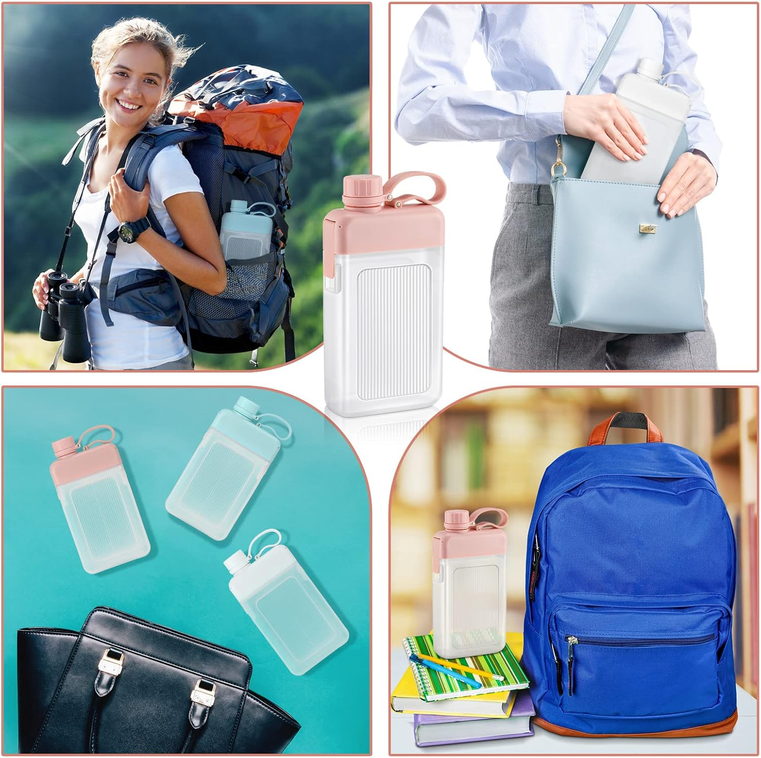 Amyhill 3 Pcs Flat Water Bottle 15Oz A5 Travel Bottles Leak Proof Slim Square Memo Flask Plastic Portable Travel Mug for Outdoor Sports Fitness Camping Hiking Cycling(White, Pink, Green) image number 1