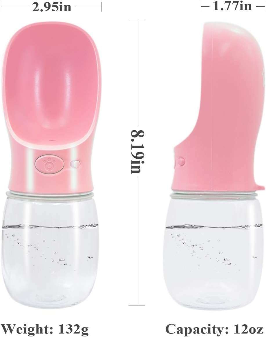 Portable Dog Water Bottle for Walking,2.76" Big Trough 12OZ Leak Proof Pet Water Bottle for Small Cat Puppy, Antibacterial Safe and Durable Non BPA Travel Dog Drinking Water Bottle for Hiking - Pink