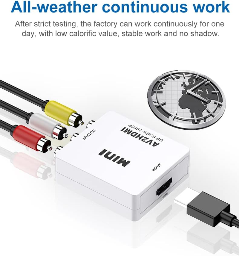 RCA to HDMI,AV to HDMI Converter, 1080P Mini RCA Composite CVBS Video Audio Converter Adapter Supporting PAL/NTSC for TV/PC/ PS3/ Stb/Xbox Vhs/Vcr/Blue-Ray DVD Players