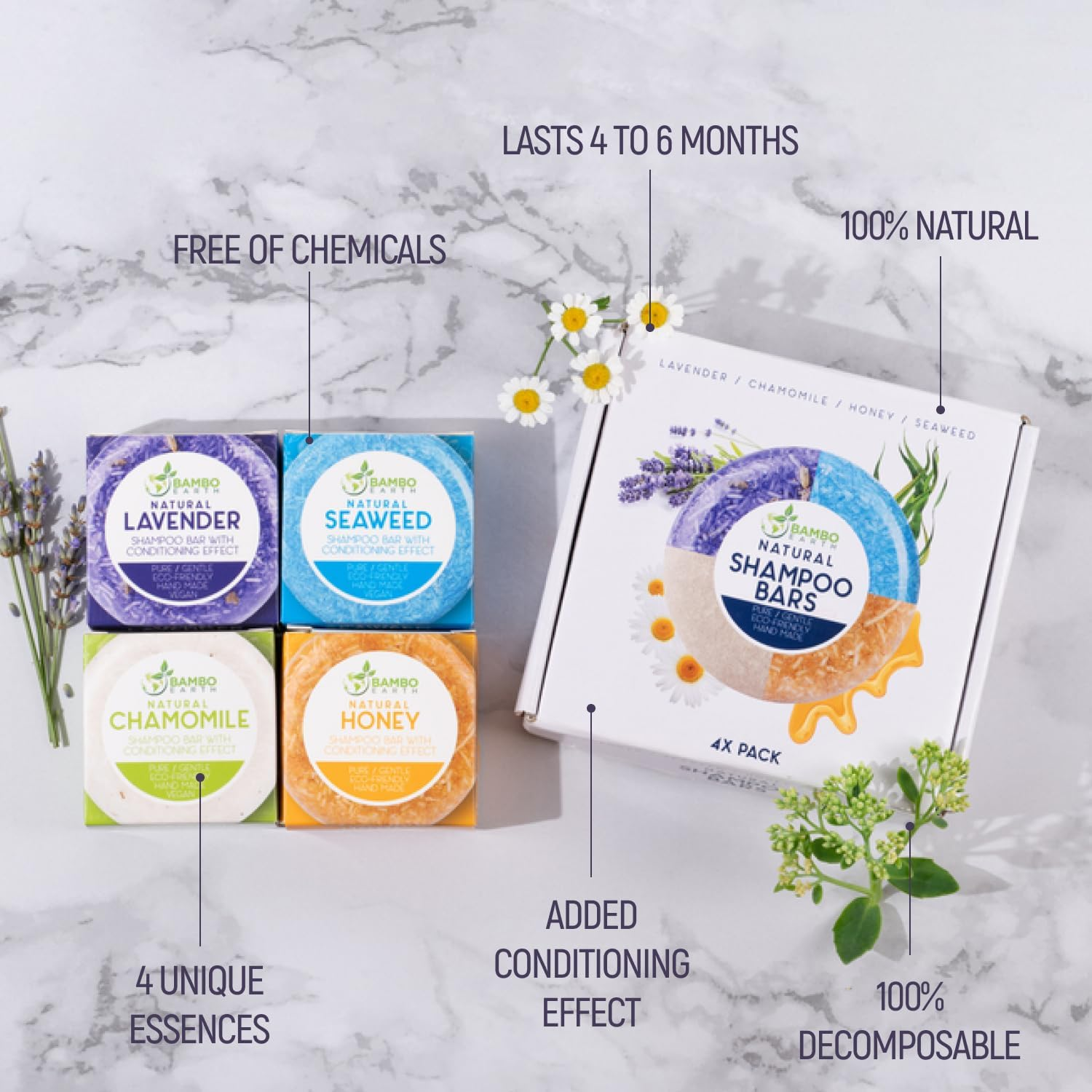 Solid Shampoo Bar and Conditioner Effect Hair Soap &ndash; 4 Pack Natural Shampoo Bars for Hair with Plant Based Essential Oils and Eco Friendly Zero Waste Biodegradable Packaging image number 1