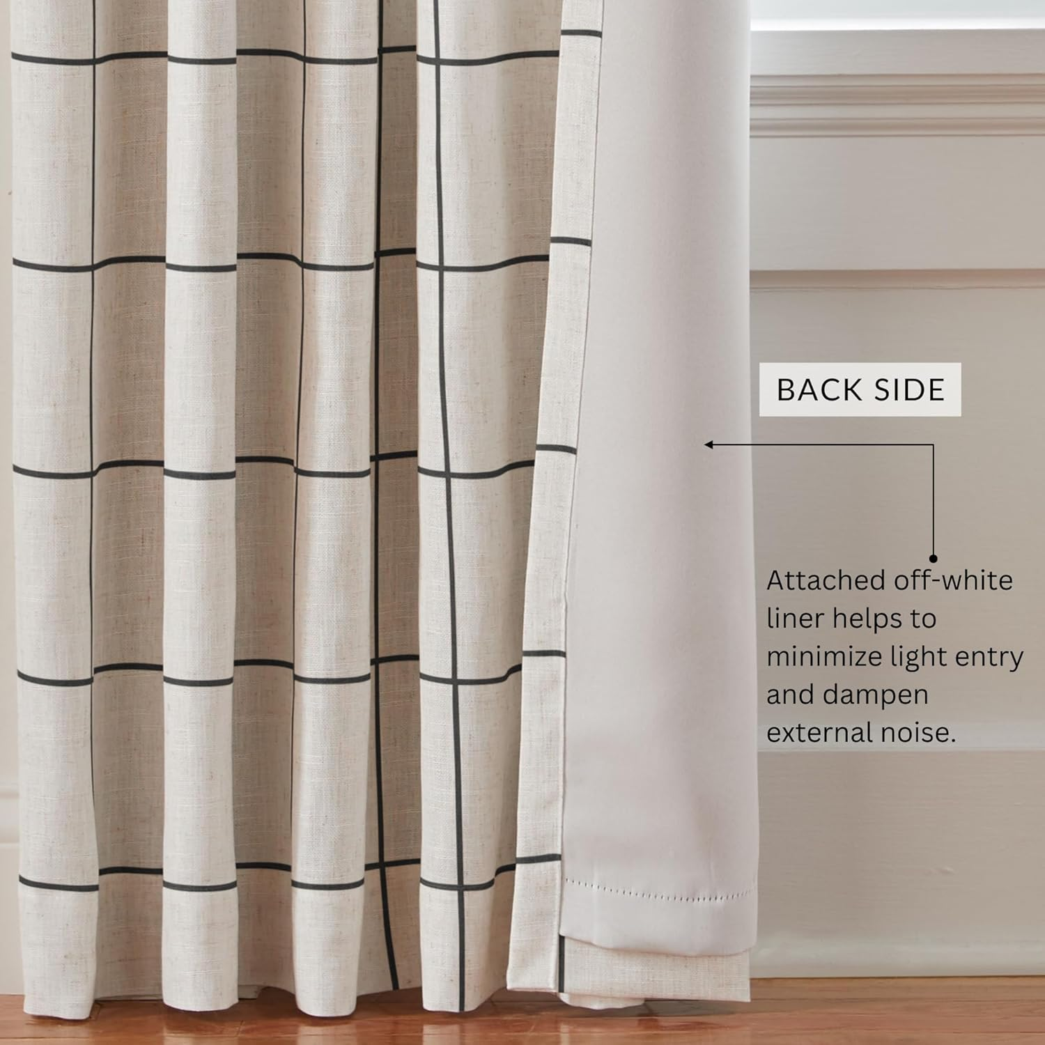 Elrene Home Fashions Brighton Windowpane Plaid Blackout Window Curtain, Living Room and Bedroom Drape with Rod Pocket Tabs, 52" X 95", Black, 1 Panel image number 2