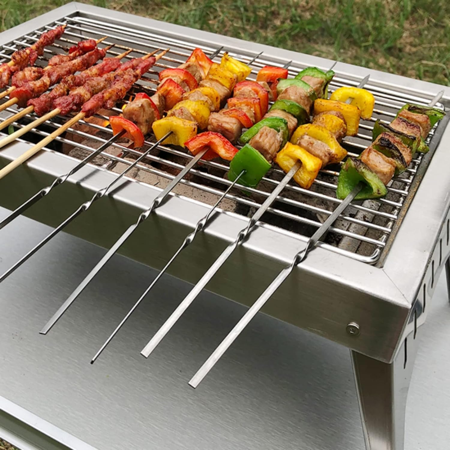 40Pcs Flat Metal Grilling Skewers, 304 Stainless Steel BBQ Skewers with Storage Tube, Reusable Barbecue Stick for Outdoor Camping Picnic Tools Cooking Tools